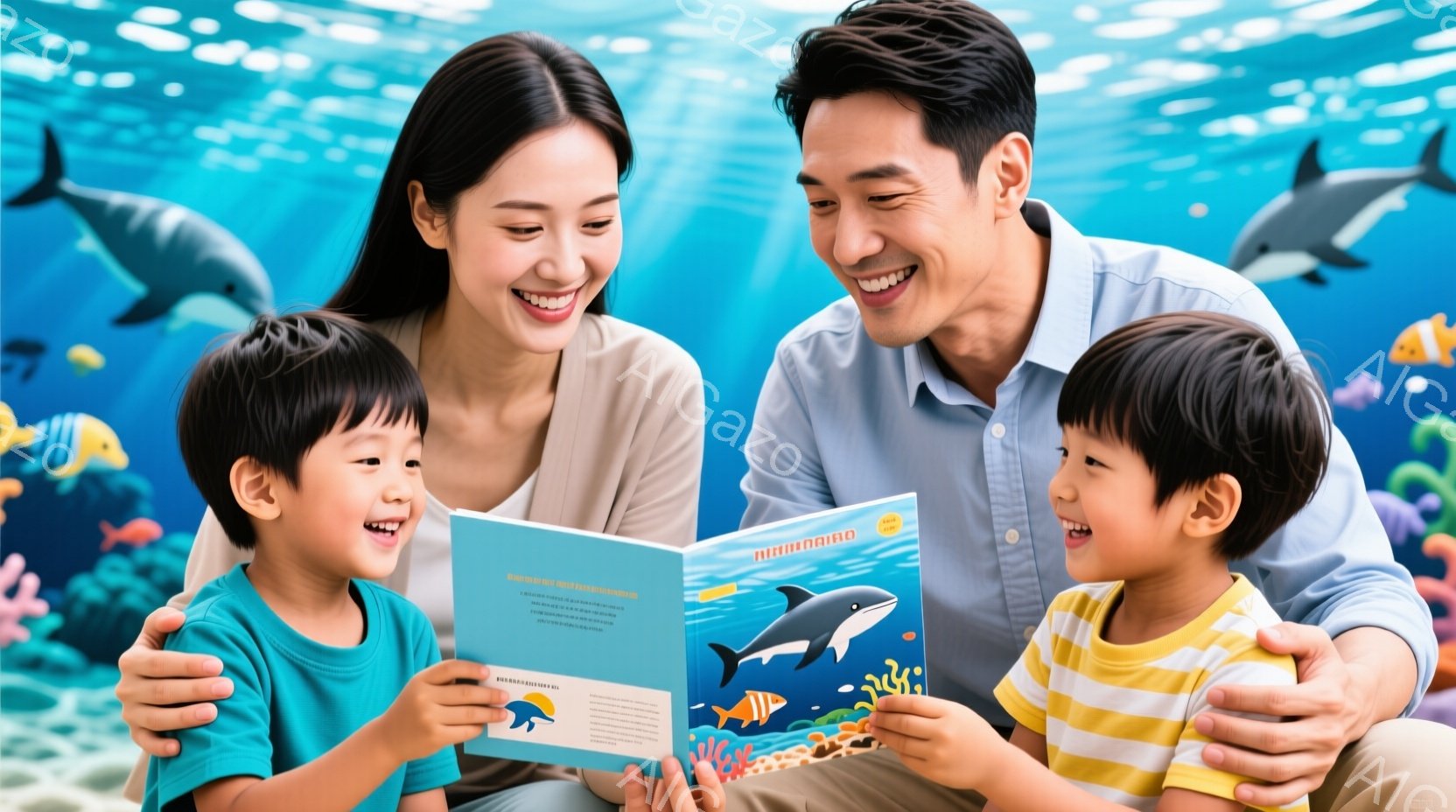鮮やかな水族館の背景を前に、両親と二人の子供たちが絵本を囲んで楽しんでいます。母親はロングヘアで穏やかな笑顔を浮かべ、父親は短髪で、子供たちと一緒に絵本を見つめています。二人の子供たちは、それぞれ青と - AI生成フリー素材