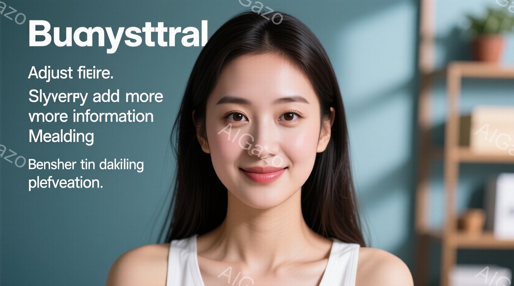 若い女性が正面を向いて微笑んでいます。彼女は白いタンクトップを着ており、長くストレートの黒髪が肩にかかっています。背景にはぼやけた本棚と緑の植物が見え、明るく快適な室内であることがわかります。 - AI生成フリー素材