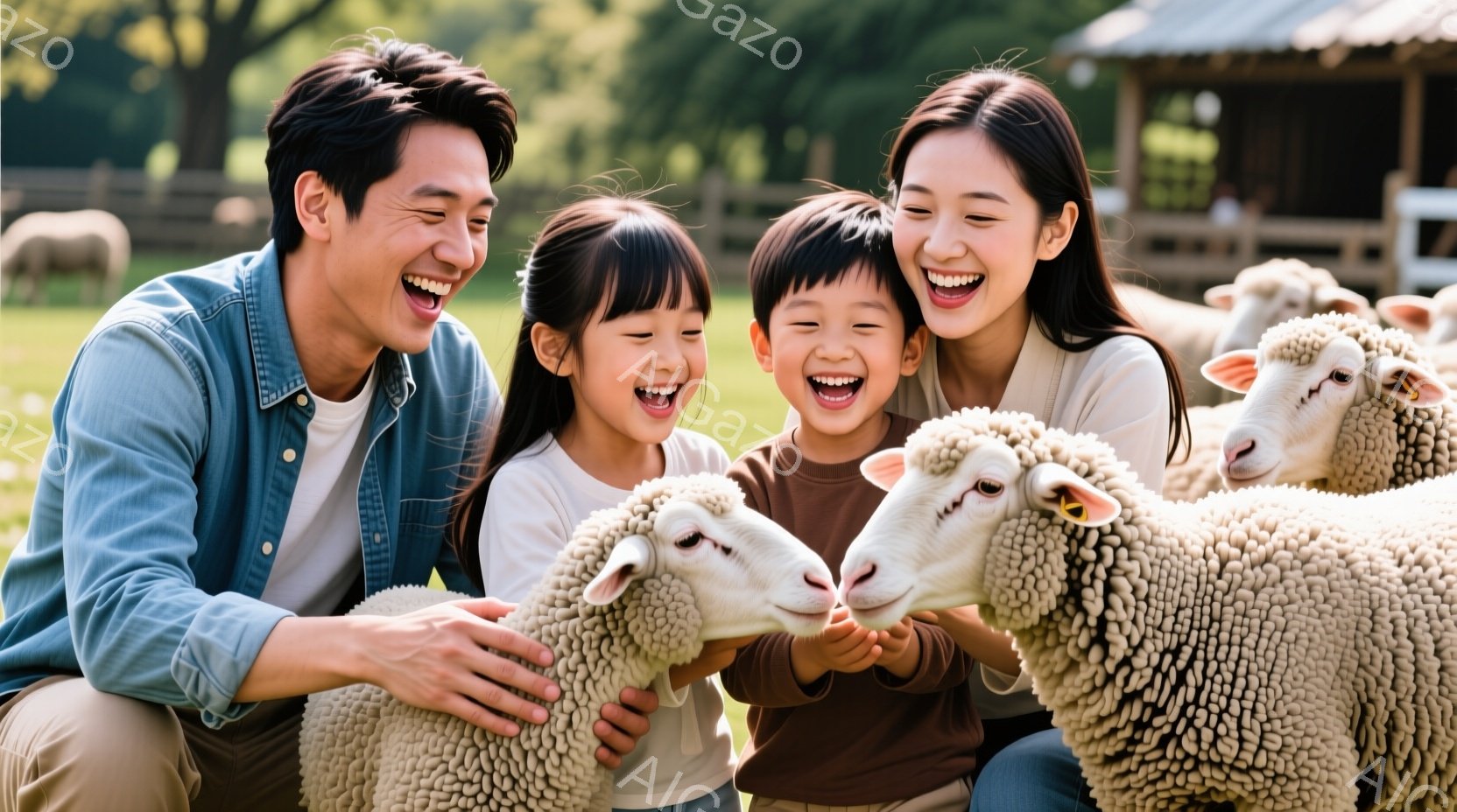 笑顔の家族が、毛並みの白い羊たちに囲まれている様子が写っている。父親は薄いブルーのシャツ、母親はオフホワイトのトップス、子供たちはそれぞれ明るい色の服を着ており、皆、満面の笑みを浮かべている。背景には緑の牧草地と、木製の建物が見え、晴天の下、温かく幸せな雰囲気が漂っている。