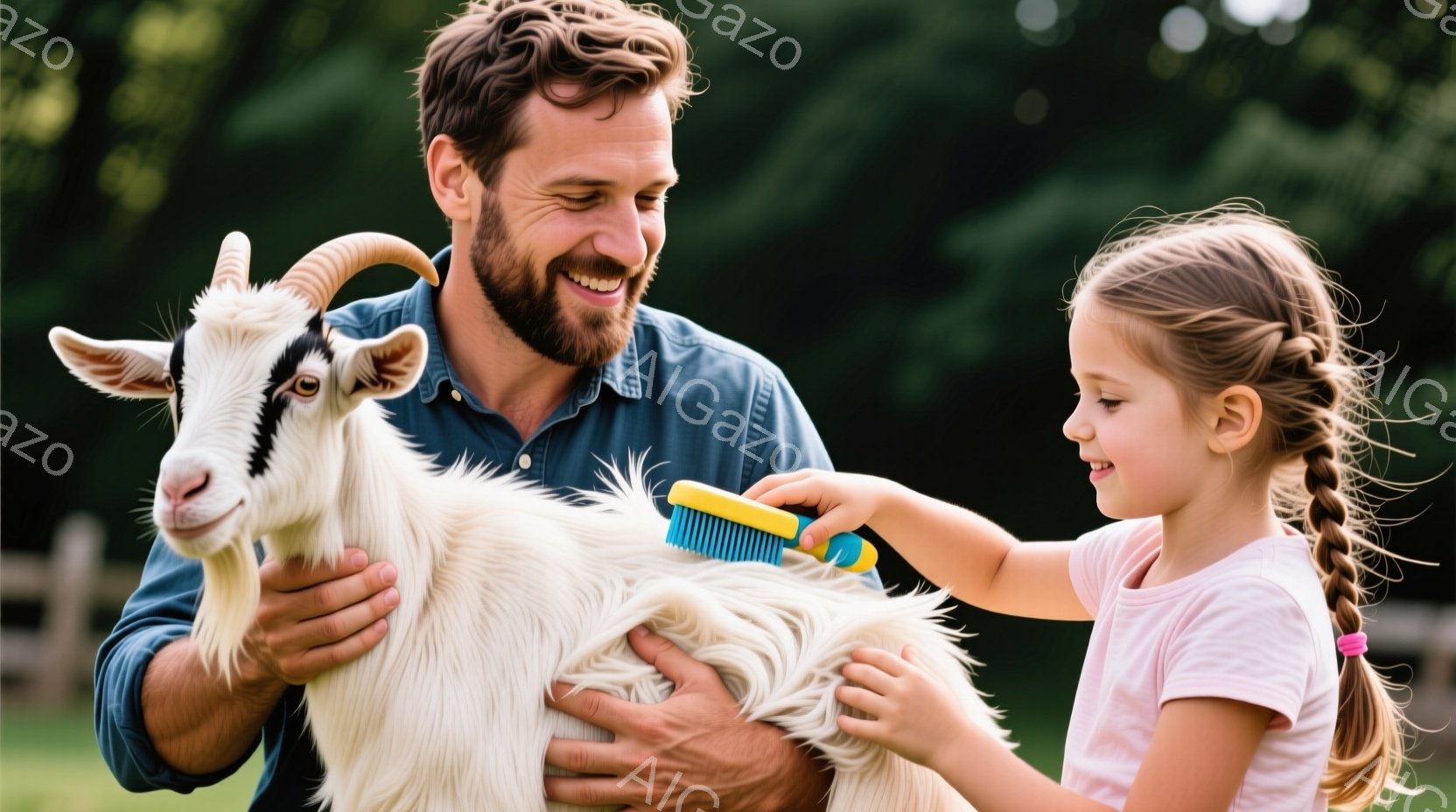 白いヤギを小さな女の子がブラシで優しく梳かしており、父親がヤギを抱きかかえて微笑んでいます。女の子はピンク色のTシャツを着て髪を三つ編みにし、父親は青いシャツを着て髭を生やしています。背景には緑の草地が広がり、晴れた日差しが降り注ぎ、温かい雰囲気が漂っています。