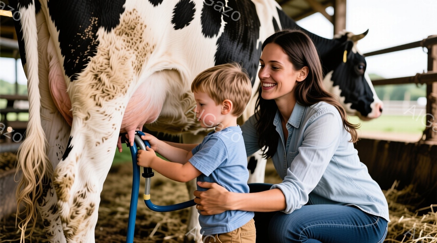 農場の牛の傍で、小さな男の子と女性が写っています。女性はジーンズと水色のシャツを着ており、髪を後ろで束ねています。男の子は青いTシャツとベージュのズボンを着用し、乳搾り機を握り、女性は彼を抱きしめながら笑顔で見ています。