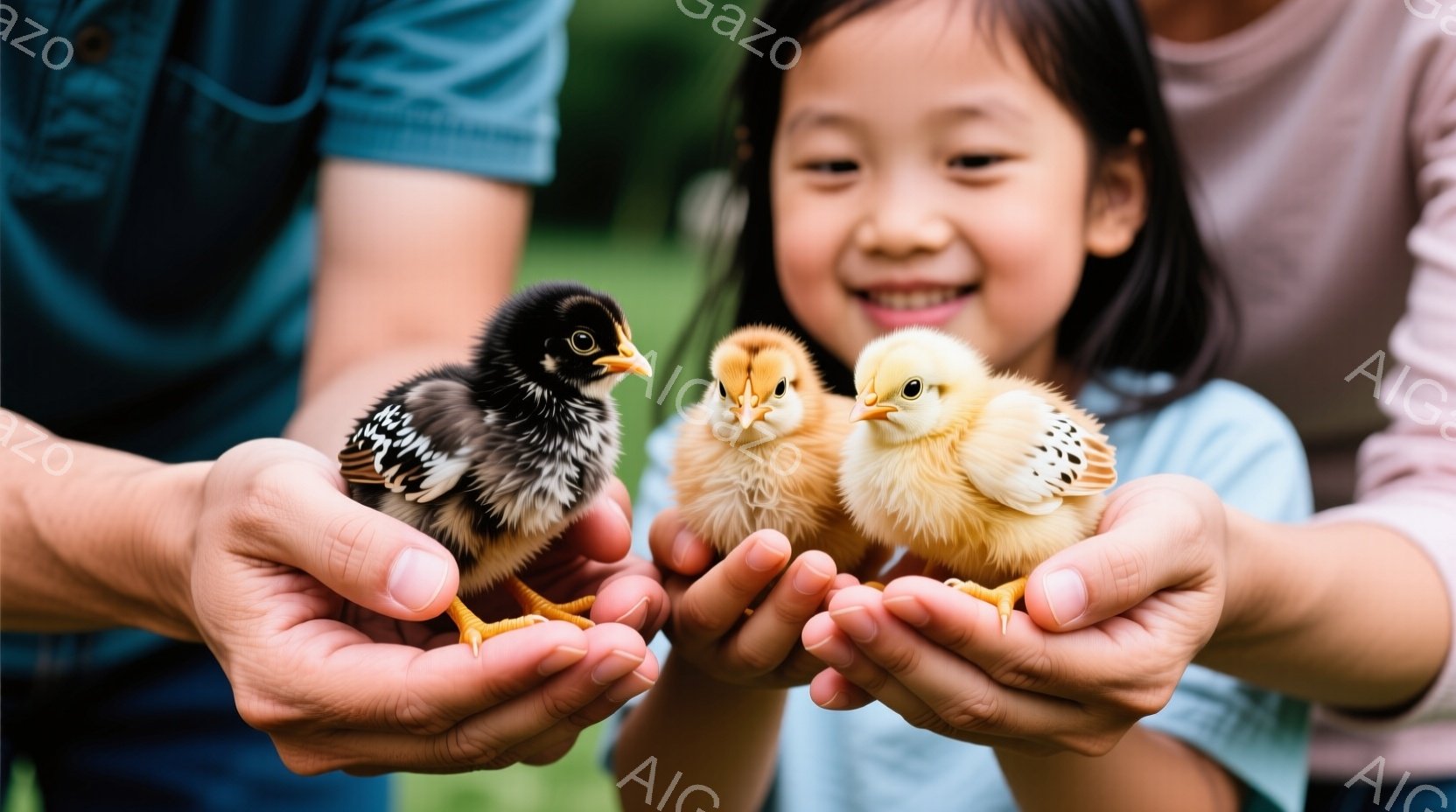 一対の大きな手が、それぞれ一羽ずつのヒヨコを優しく包んでいます。ヒヨコは黒と黄色の異なる色合いで、小さな足でしっかりと手の中に立っています。背景には緑豊かな自然があり、少女がヒヨコを見て微笑んでいます。