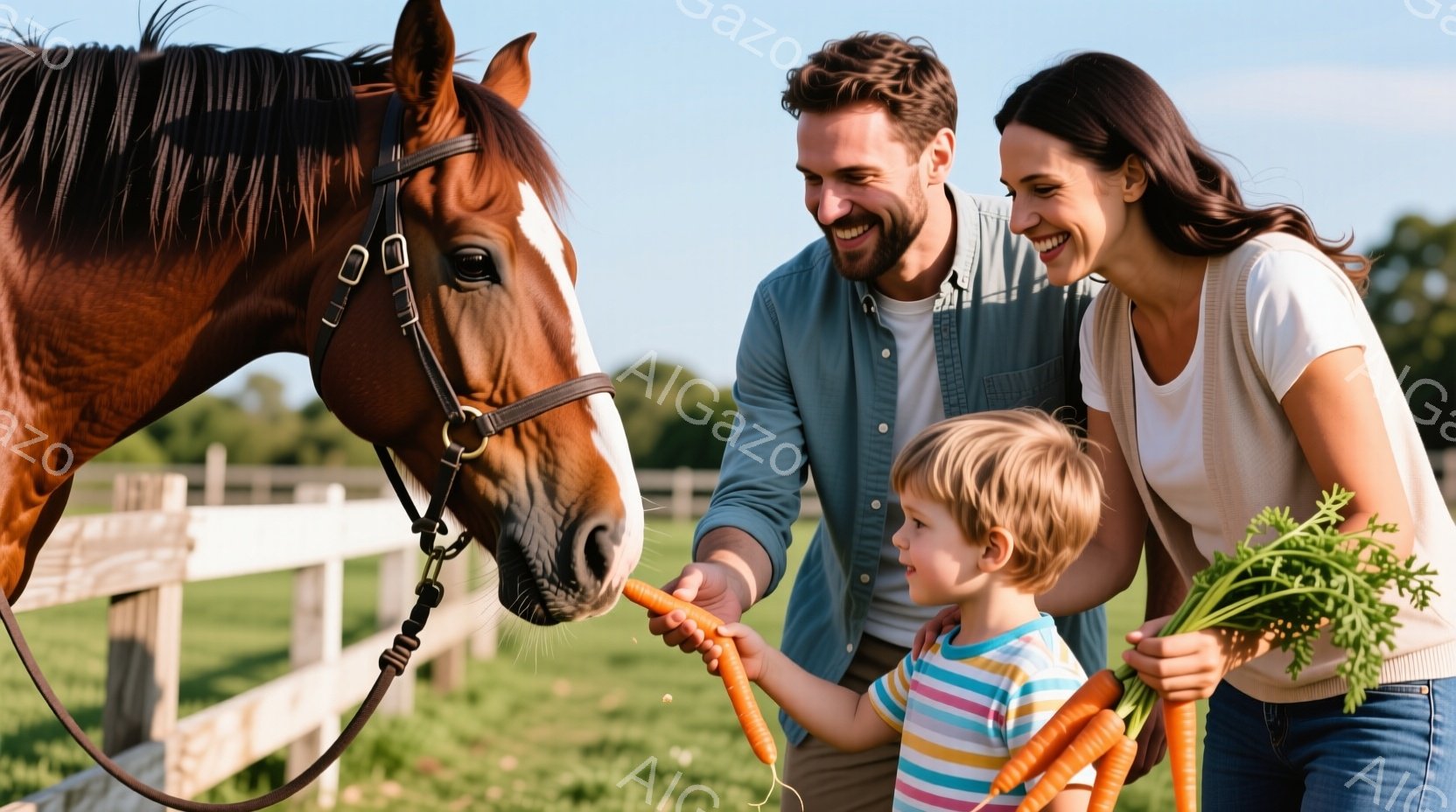 赤毛の馬が、幼い少年と母親、父親の前にいます。少年はニンジンを手に持ち、馬に餌を与えようとしており、両親は笑顔で彼を見守っています。背景には木製の柵と緑の牧草地が広がり、晴れた日の穏やかな雰囲気が感じ - AI生成フリー素材
