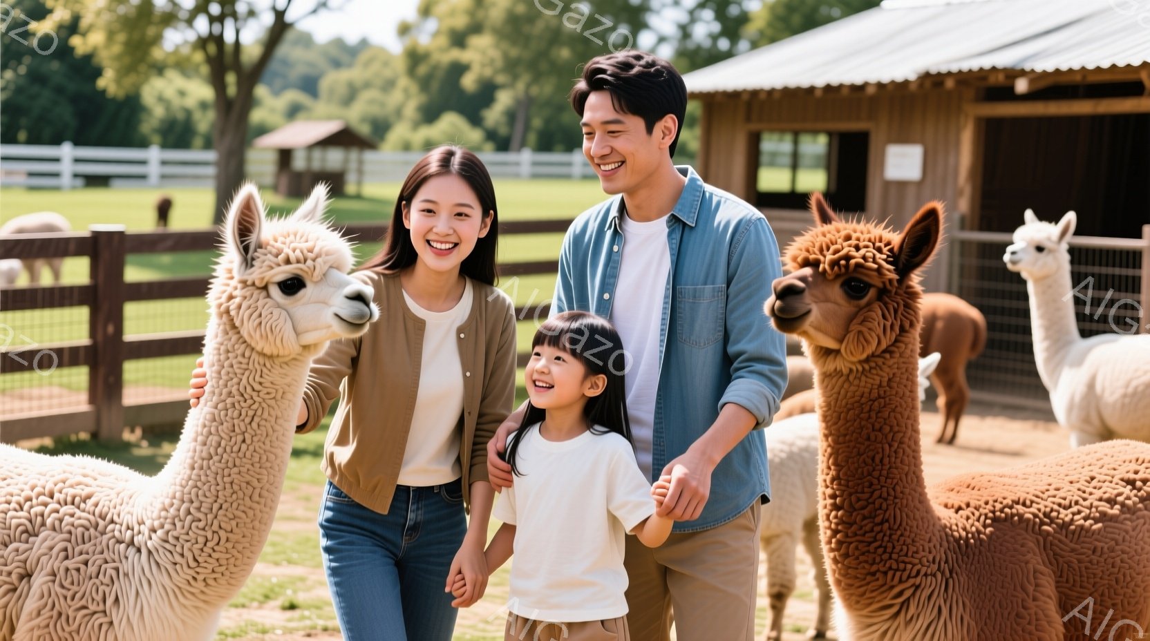 笑顔の女性と幼い娘、そして男性がアルパカに囲まれ、手をつないで歩いている。女性はベージュ色のカーディガンとジーンズ、娘は白いTシャツとベージュ色のショートパンツ、男性は水色のシャツを着ており、皆明るい - AI生成フリー素材