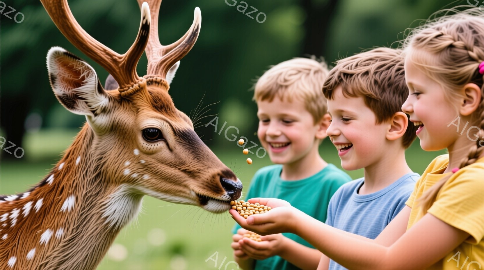 斑点模様の美しい鹿が、2人の子供たちに餌を与えられています。少年は緑色のTシャツを着て笑顔を見せ、少女は黄色いTシャツを着て三つ編みの髪で、鹿に餌を与えることに喜びを感じています。背景には緑豊かな草地が広がり、晴れた日の穏やかな雰囲気が伝わってきます。