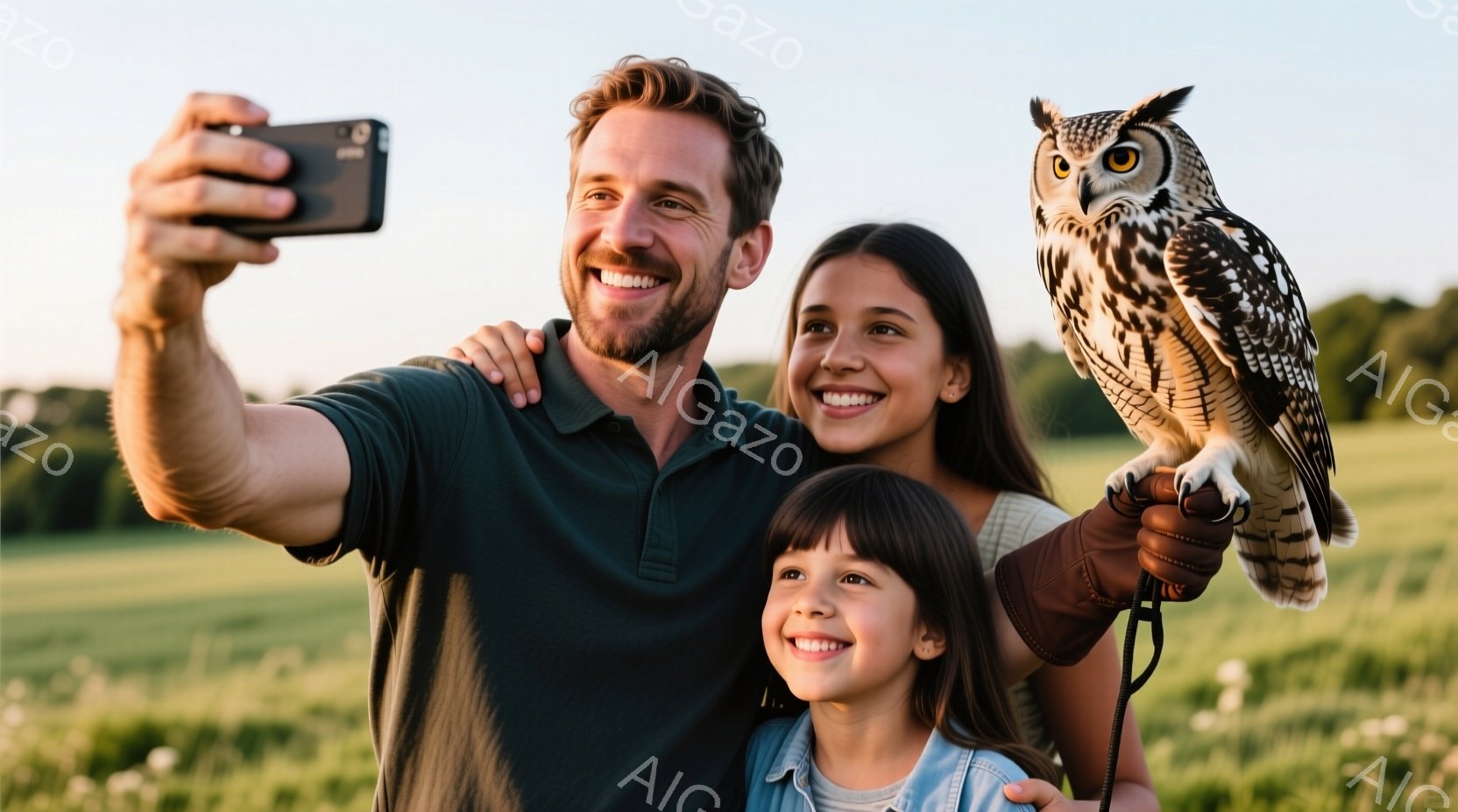 笑顔の男性と2人の少女が、鷹のような大きな鳥と一緒に自撮り写真をとっています。男性は緑色のポロシャツを着ており、少女たちはそれぞれ青いセーターと白いシャツを着ています。背景には緑豊かな草原が広がり、夕 - AI生成フリー素材