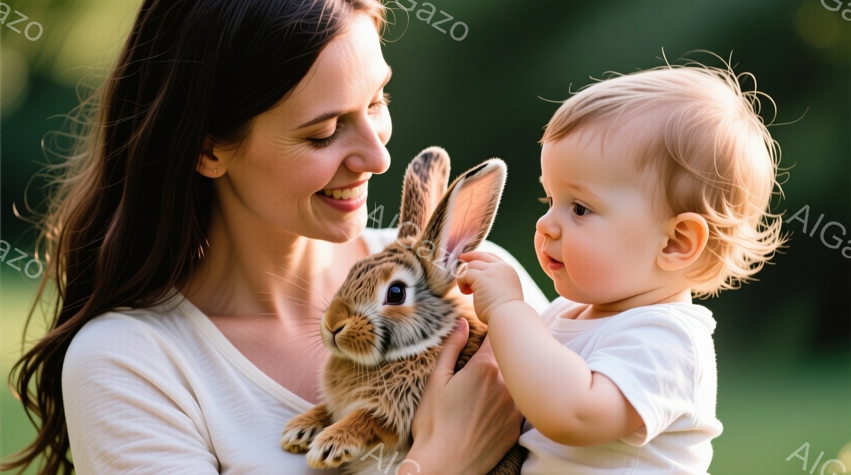 長い茶色の髪を無造作に下ろした女性が、茶色のウサギを抱き、笑顔を見せています。薄いピンク色の服を着た幼い子供もウサギを見つめ、少し口を開けています。背景は緑豊かな自然で、晴れた日の穏やかな雰囲気です。