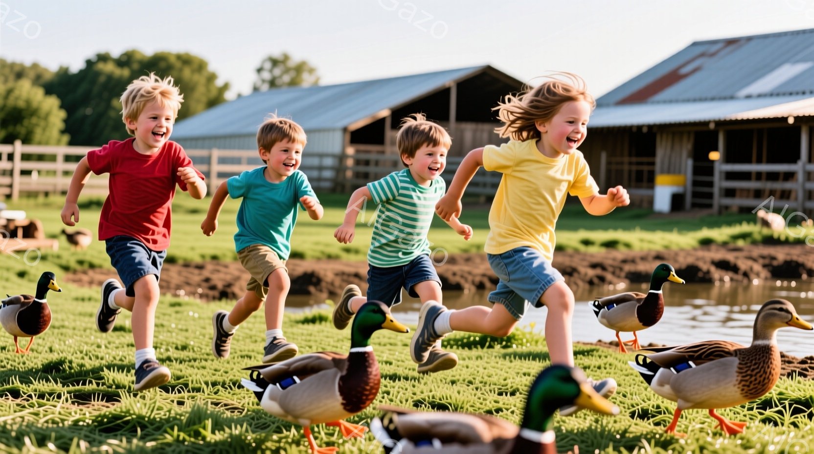 鮮やかな緑の草の上を、四人の子供たちが楽しそうに走っている。赤、緑、緑と白の縞模様、黄色のシャツを着ており、それぞれが笑顔で、髪は風になびいている。背景には水辺と、赤い屋根の大きな建物が見え、晴れた空の下、暖かい日差しが差し込んでいる。