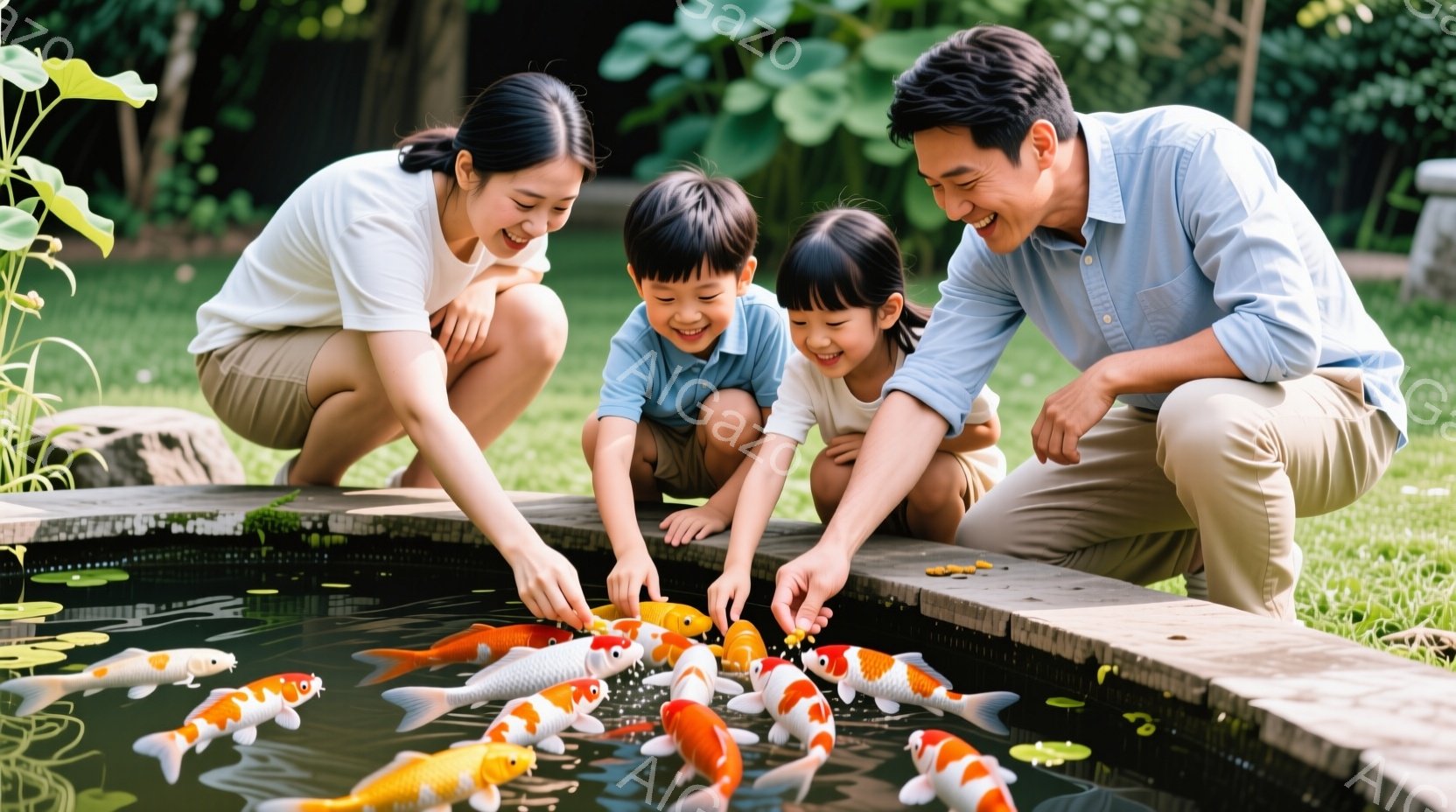 庭の池のそばに、母親と娘がひざまずいて金魚に餌をあげている様子が写っている。母親は白いTシャツとベージュのズボンを着用し、娘は青いシャツとベージュのズボンを着用しており、二人とも笑顔で楽しそうである。 - AI生成フリー素材