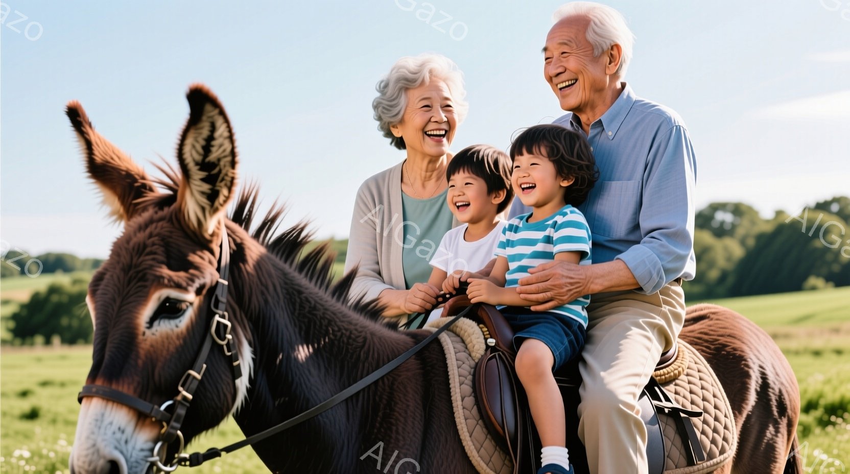 笑顔の少年が、おじいちゃんに抱かれながらロバに乗っています。おじいちゃんは青いシャツを着て、少年はストライプのシャツと短パンを着ています。背景には緑の牧草地が広がり、晴れた空の下、温かい雰囲気が漂って - AI生成フリー素材