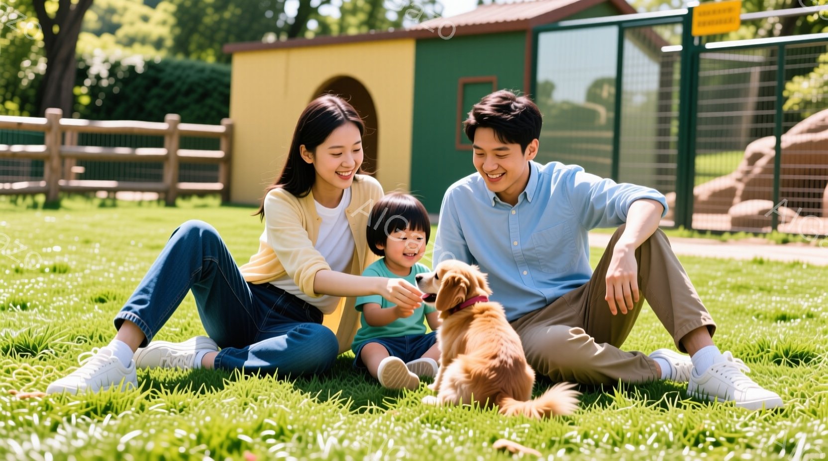 母親、父親、幼い子供が芝生の上に座り、オレンジ色の犬と触れ合っている様子が写っています。母親は明るい黄色のセーターとジーンズ、父親は水色のシャツとベージュ色のパンツを着用しており、それぞれ笑顔を浮かべ - AI生成フリー素材