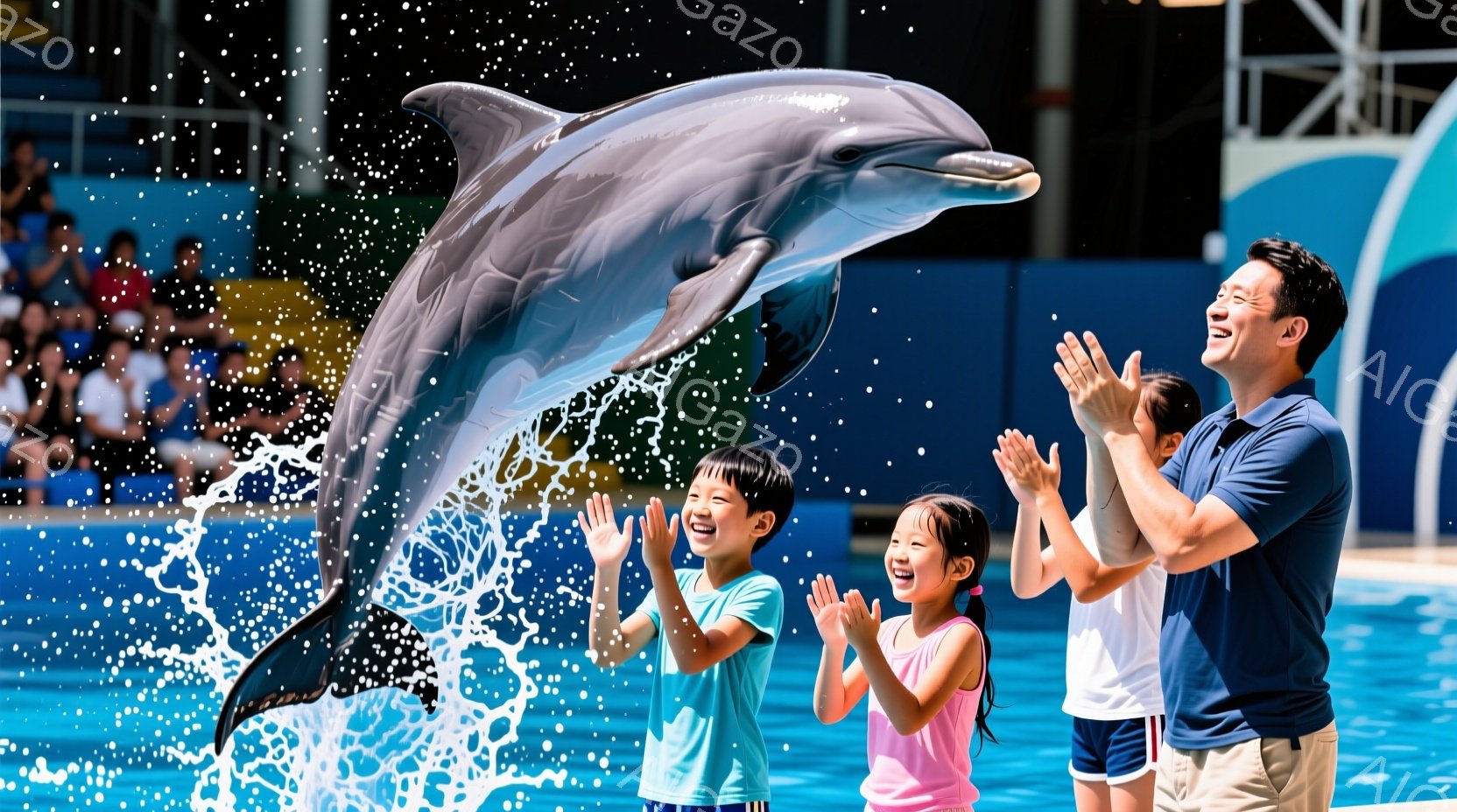 イルカが水中で高く飛び上がり、歓声を上げる観客の前にいる。観客は父親と2人の娘で、皆笑顔で手を叩いてイルカのパフォーマンスを楽しんでいる。背景には、観客席と水槽があり、明るい照明と水しぶきが躍動感を演 - AI生成フリー素材