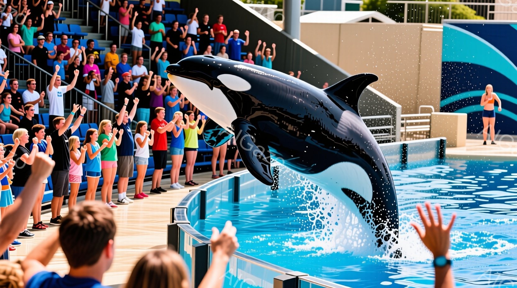 青い水槽の中で、大きなシャチが大きくジャンプしており、水しぶきが飛び散っています。観客席には様々な服装の観客がおり、手を挙げてシャチのパフォーマンスを楽しんでいる様子が伺えます。晴れた日の屋外プールのような背景で、明るく活気のある雰囲気が漂っています。