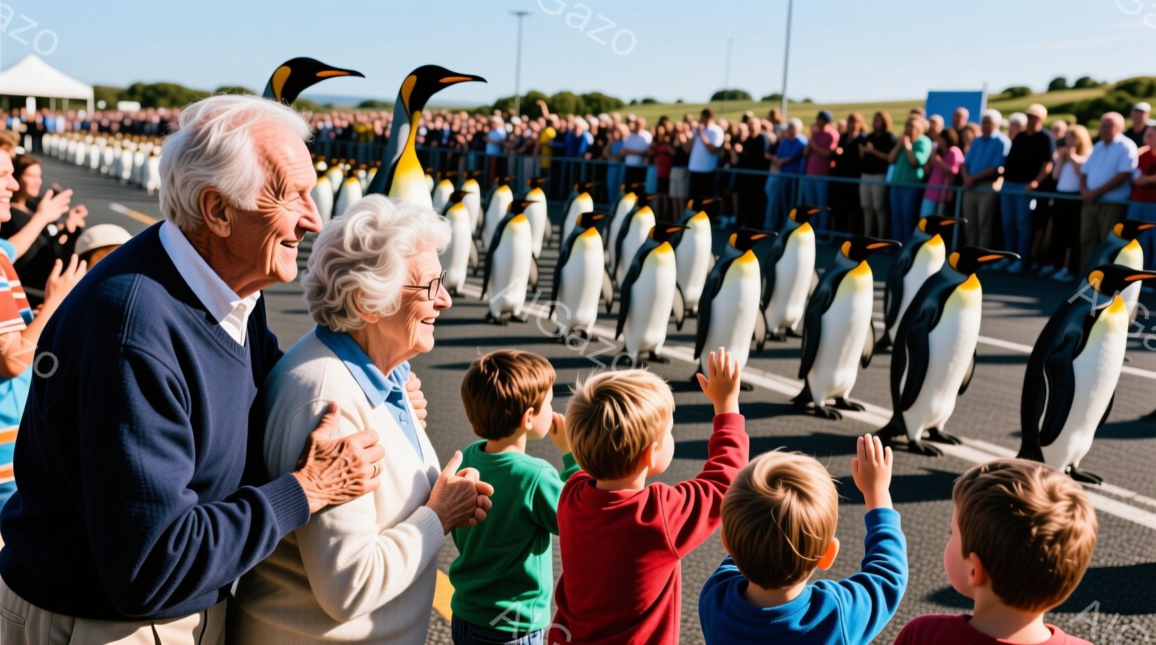 高齢の夫婦が寄り添い、笑顔で何かを見つめている。彼らの前には、一列に並んだたくさんのペンギンがおり、子供たちは両手を挙げてペンギンたちに興奮している様子だ。背景には緑の丘と青い空が広がり、晴れた日の穏やかな雰囲気が感じられる。