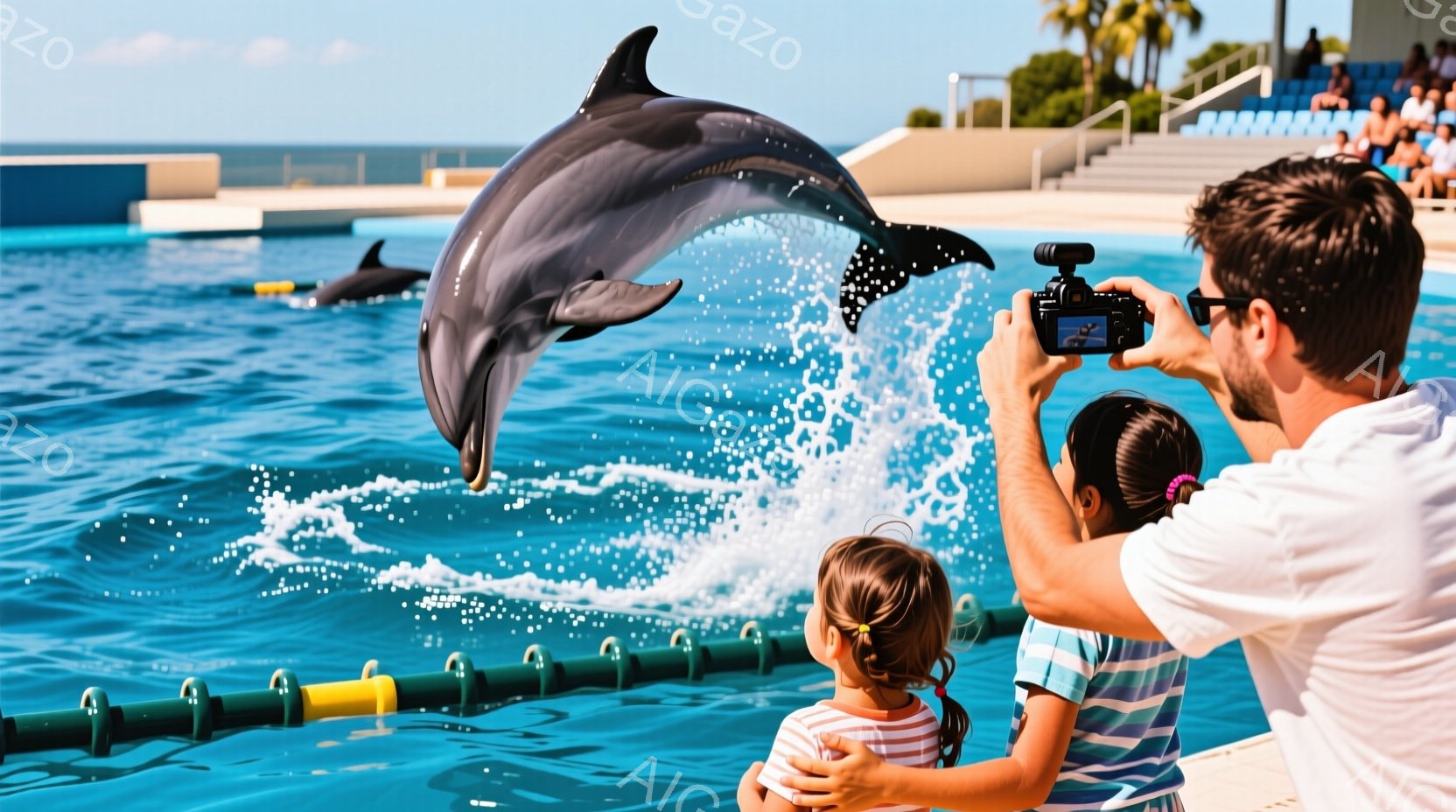 水中でイルカが大きく跳ねており、水しぶきが舞っている。男性はカメラを持ち、2人の幼い女の子を抱きしめながらその様子を撮影している。背景には水槽や観客席、そして青空とヤシの木が見え、晴れた日の海の動物園のような雰囲気が漂っている。