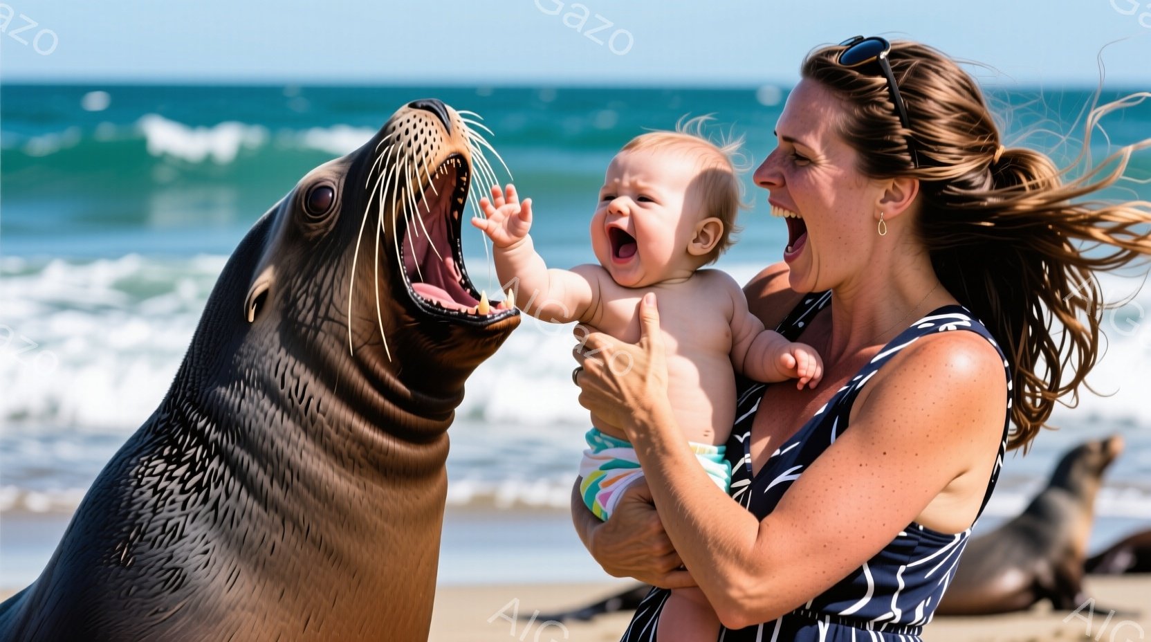 砂浜で、女性が幼い赤ちゃんを抱きかかえ、アザラシが口を開けている様子が写っている。女性は黒い水着のような服を着ており、髪は後ろで束ねられている。背景には、穏やかな海と、他のアザラシの姿が見え、晴れた空の下、陽気で楽しい雰囲気が漂っている。