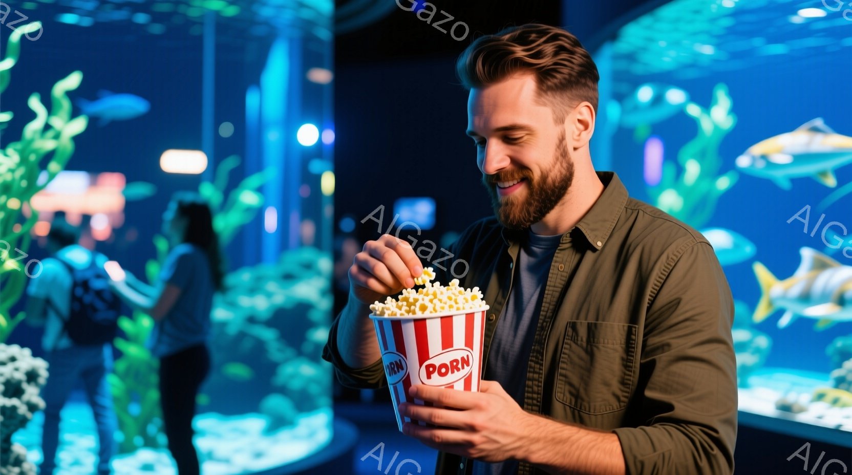 ひげを生やした男性がポップコーンの入った容器を持っています。彼は緑色のシャツを着ており、微笑んでいます。背景には巨大な水槽とさまざまな魚がおり、全体的に鮮やかで活気のある雰囲気です。