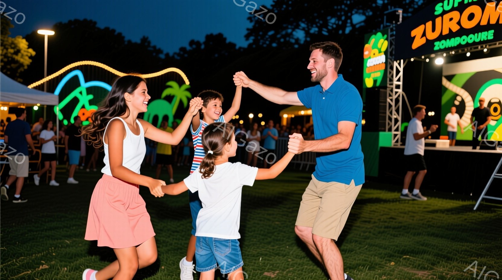 広々とした芝生の公園で、女性と男性、そして二人の子供が手をつないで輪になって踊っている様子が写っている。女性はピンクのスカートと白いトップス、男性は水色のポロシャツとベージュの短パン姿で、子供たちはそれぞれ明るい色の服を着ている。背景にはステージと観客席が見え、夜空には雲が広がり、イベント会場の活気と楽しさが伝わる。