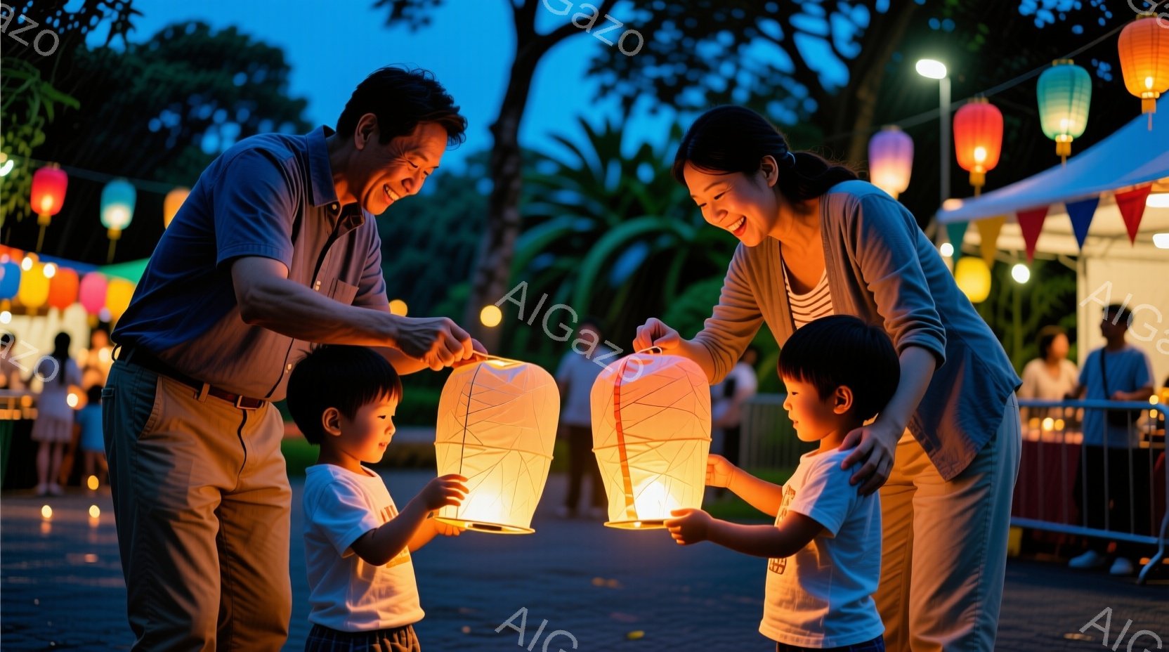 少年と父親、そして母親が、温かい光を放つ提灯を手にしている様子が写っている。父親は紺色のシャツにベージュ色のズボン、母親はグレーのシャツに同様のズボンを着用し、それぞれ笑顔を浮かべている。背景には、提 - AI生成フリー素材