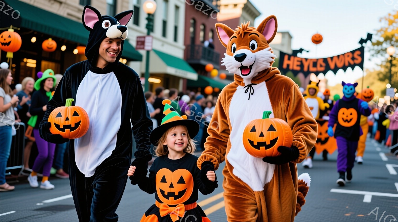 ハロウィーンのパレードで、パンプキン型の光るバケツを持った、犬とキツネの着ぐるみを着た大人が、魔女の帽子をかぶった幼い子供と手をつないで歩いています。背景には、ハロウィーンの装飾が施された建物や多くの人々が見え、晴天の下、賑やかで楽しい雰囲気が漂っています。建物には「HEYCE」と書かれた看板があり、ハロウィーンのイベントを開催している様子が伺えます。