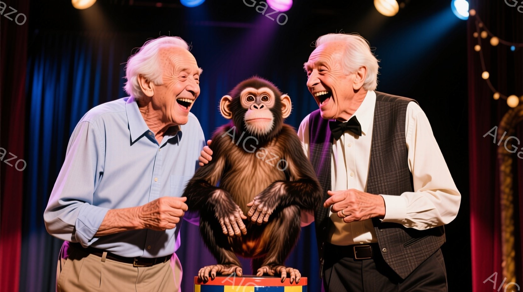 高齢の男性二人が、茶色の小さな猿と並んで笑顔を見せています。男性たちは、明るい水色のシャツと黒いベスト、黒いズボンを着用し、白髪を後ろにとかしています。背景には、青と紫のぼやけたカーテンと、いくつかの照明が確認できます。