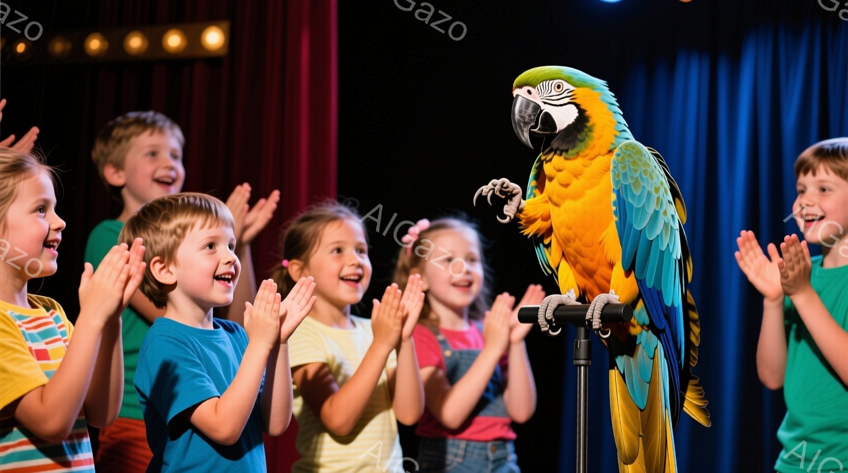 鮮やかな色のオウムがステージに立っており、子供たちが両手を叩いて歓声を上げています。子供たちはカラフルなTシャツやオーバーオールを着ており、笑顔で興奮している様子です。背景には赤いカーテンがあり、会場の熱気と楽しさが伝わってきます。