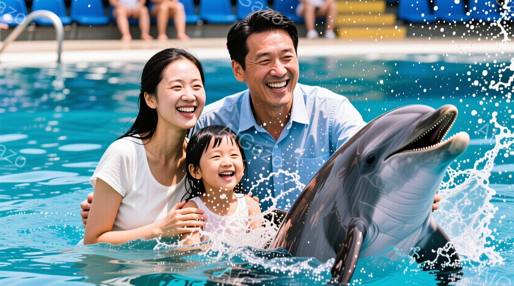 笑顔の女性と幼い女の子、そしてイルカが水中で写っています。女性は白いTシャツを着ており、女の子はピンクのワンピースを着ています。背景には青い観客席が見え、水しぶきが飛び交う様子から、イルカショーのようなイベントの一場面であることがわかります。