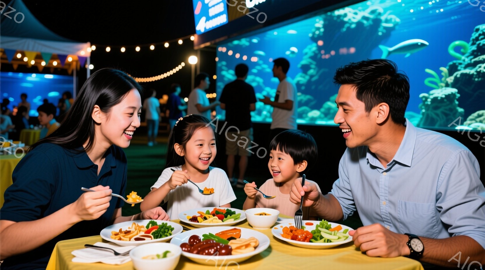 家族が水族館の大きな水槽の前に座って食事をしている様子が写っている。母親は濃い青色のシャツを着ており、2人の子供たちは白いTシャツを着ている。父親は明るい水色のシャツを着ており、皆笑顔で食事を楽しんでいる様子で、背景には青い水槽と多くの観客が見える、陽気で楽しい雰囲気が漂っている。