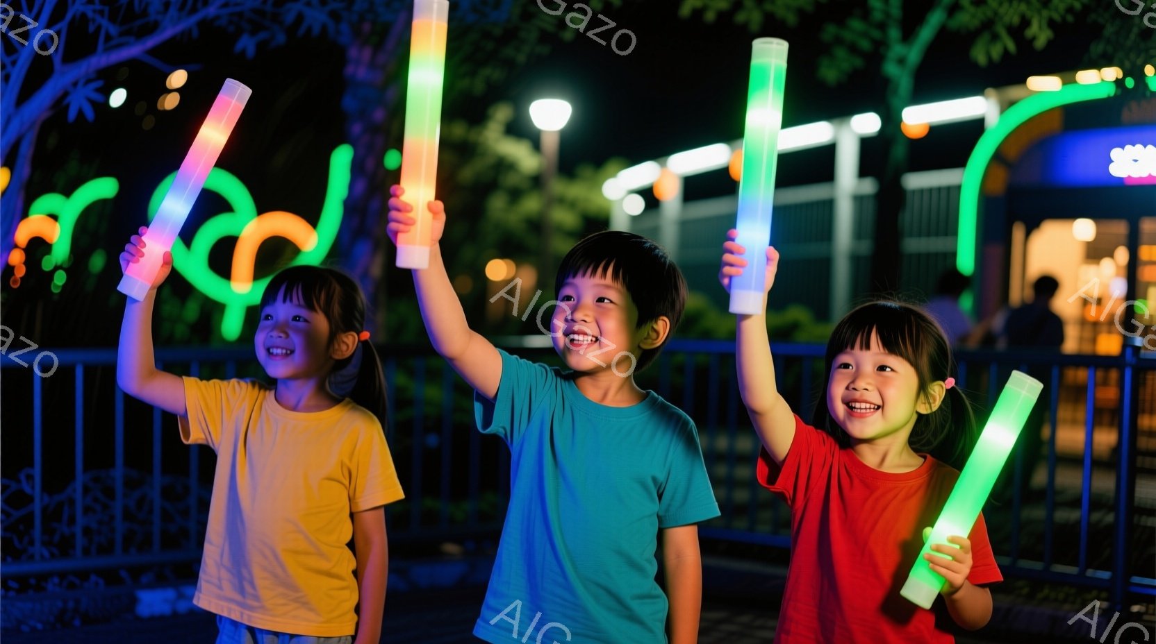 三人の子供たちが夜の公園で光る棒を高く掲げています。女の子はそれぞれ黄色と赤のTシャツを着ており、男の子はターコイズブルーのTシャツを着ています。背景には木々やフェンス、そしてぼんやりとした建物の光が見え、子供たちの笑顔と光る棒が楽しい雰囲気を醸し出しています。
