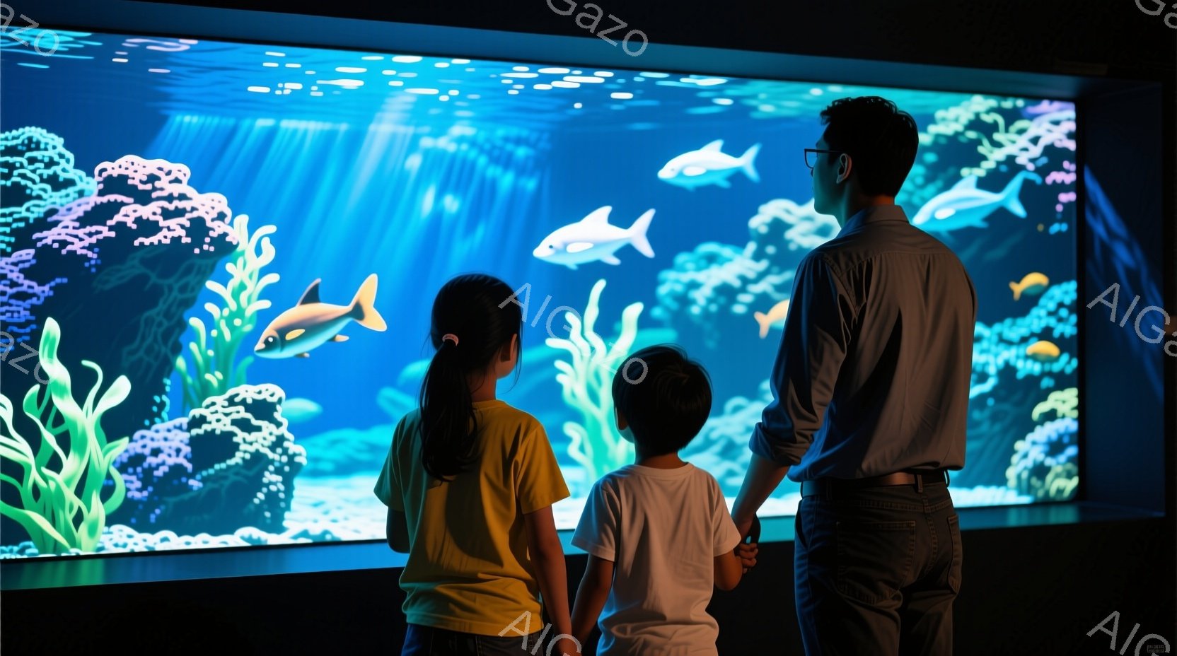 幼い二人の子供と大人が、巨大な水槽の前で立っている。子供たちは明るい黄色のシャツを着ており、髪は後ろで結ばれている。水槽の中には様々な魚やサンゴ礁が映っており、幻想的な雰囲気を作り出している。