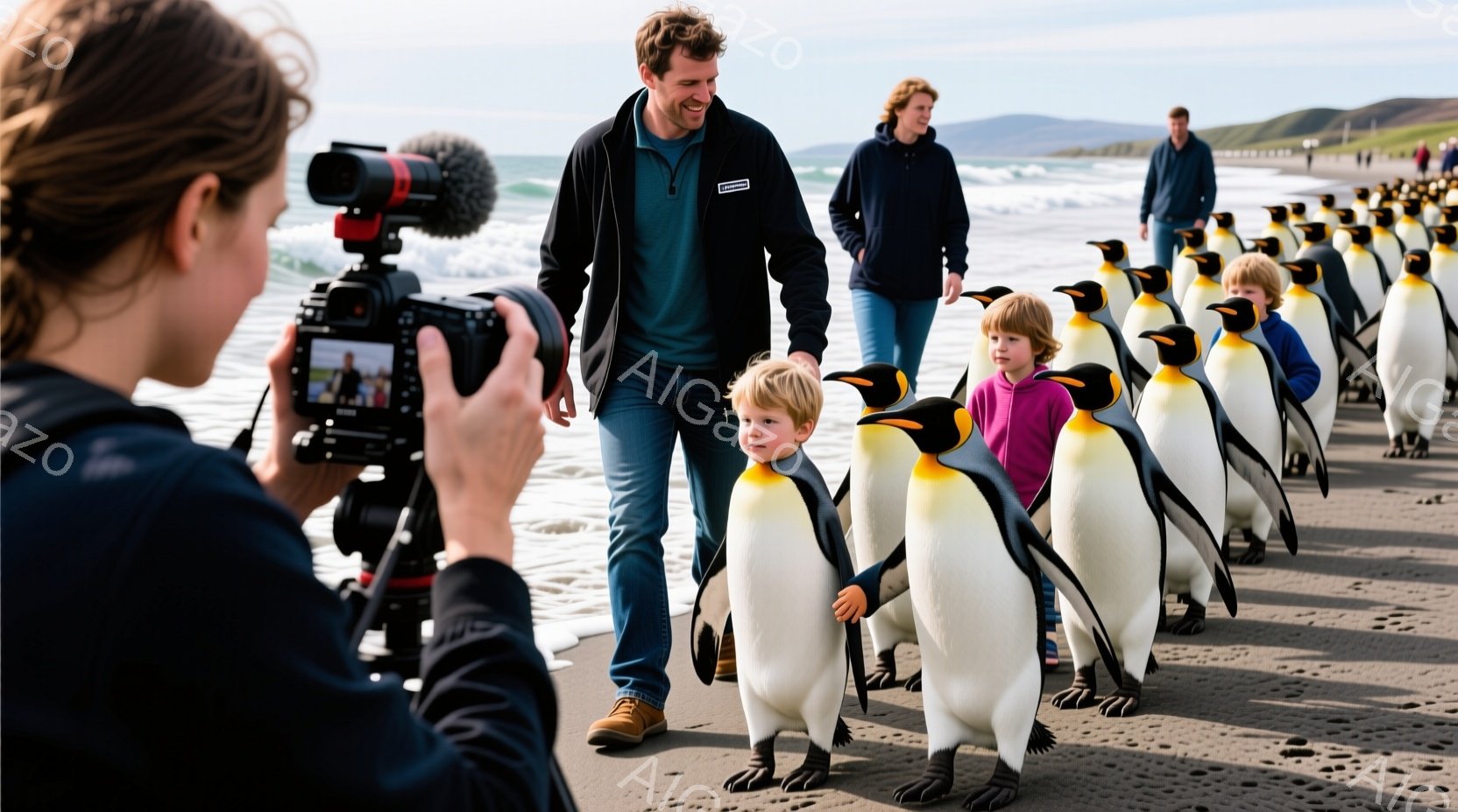 砂浜に、大人2人と子供2人が、たくさんのキングペンギンに囲まれながら歩いている様子が写っている。大人はそれぞれカジュアルな服装で、男性はジーンズに紺色のジャケット、女性は濃い青色のジャケットを着ている。キングペンギンたちは整然と列をなしており、天候は晴れで、遠くには海が見える、穏やかで温かい雰囲気が伝わる。