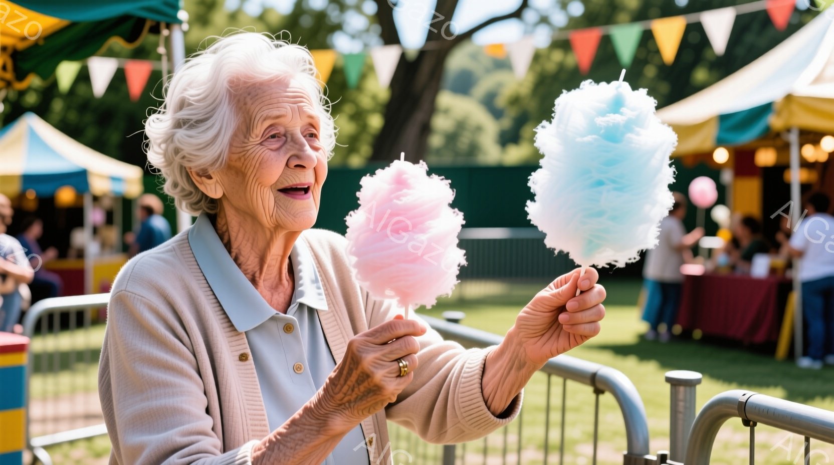 白髪の老婦人が、ピンクと青色の綿菓子を両手に持っている。彼女は薄いグレーのカーディガンを着ており、顔は驚きと喜びで満ちている。背景には緑の芝生、カラフルなテント、そして穏やかな晴天が広がっており、お祭りやイベントのような賑やかな雰囲気が感じられる。