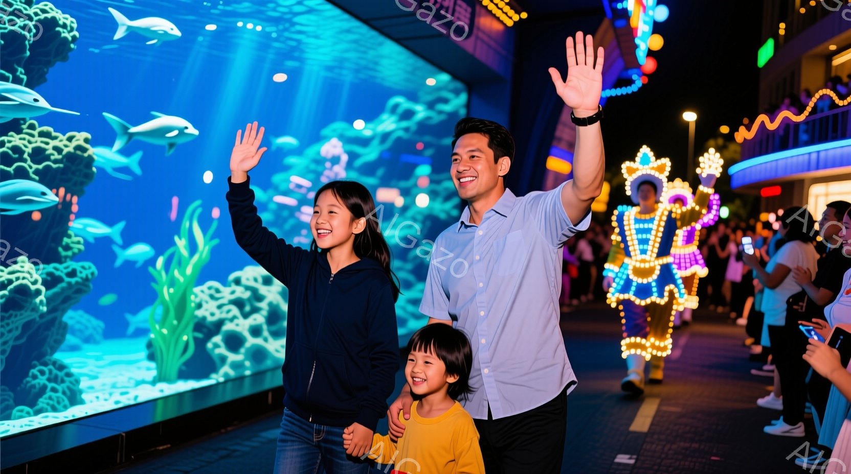 少女と少年、そして父親が、水中の生き物が描かれた壁の前で手を振っています。少女は紺色のパーカーとジーンズ、少年は黄色のシャツを着ており、父親は明るい青色のシャツを着ています。背景には、イルカや珊瑚など、様々な水生生物が描かれ、華やかな装飾が施された遊歩道が広がっています。