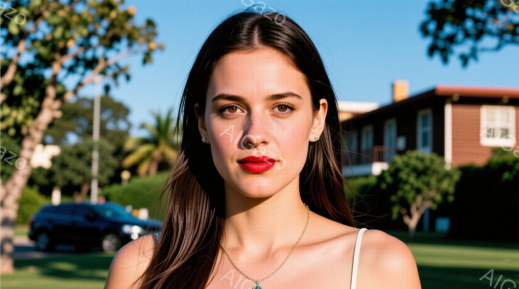 女性の写真。彼女はロングヘアで、赤い口紅をつけています。彼女は普通の日常的な服装を着ており、顔には平らな表情があります。背景には木々と建物が見える。