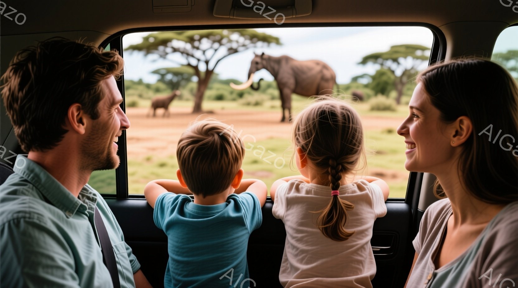 車内からサバンナを見ている家族が写っています。父親は青いシャツを着て、息子と娘はそれぞれ青と白のシャツを着ています。娘は三つ編みで、全員が興奮した表情で、野生のゾウを眺めています。
