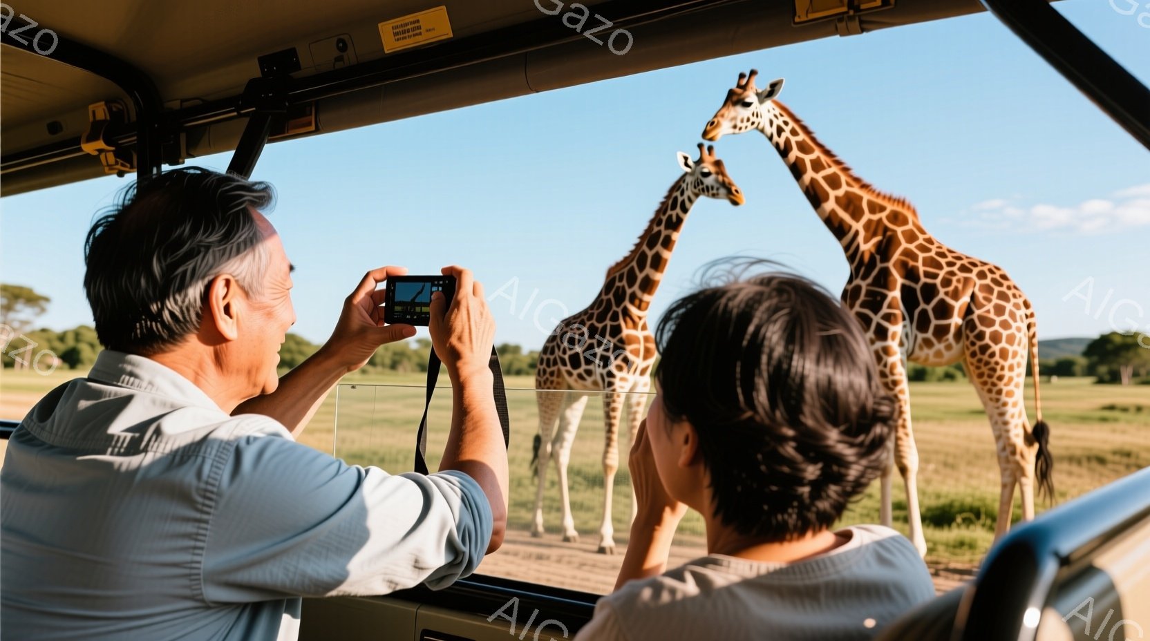 車内から、一人の男性と女性がキリンを写真に収めている様子が写っている。男性は短い髪で、ベージュのシャツを着ており、女性は黒髪で、後ろ姿しか見えない。背景には緑豊かな草原が広がり、晴天の下、キリンが悠々と立っている様子が伺える。