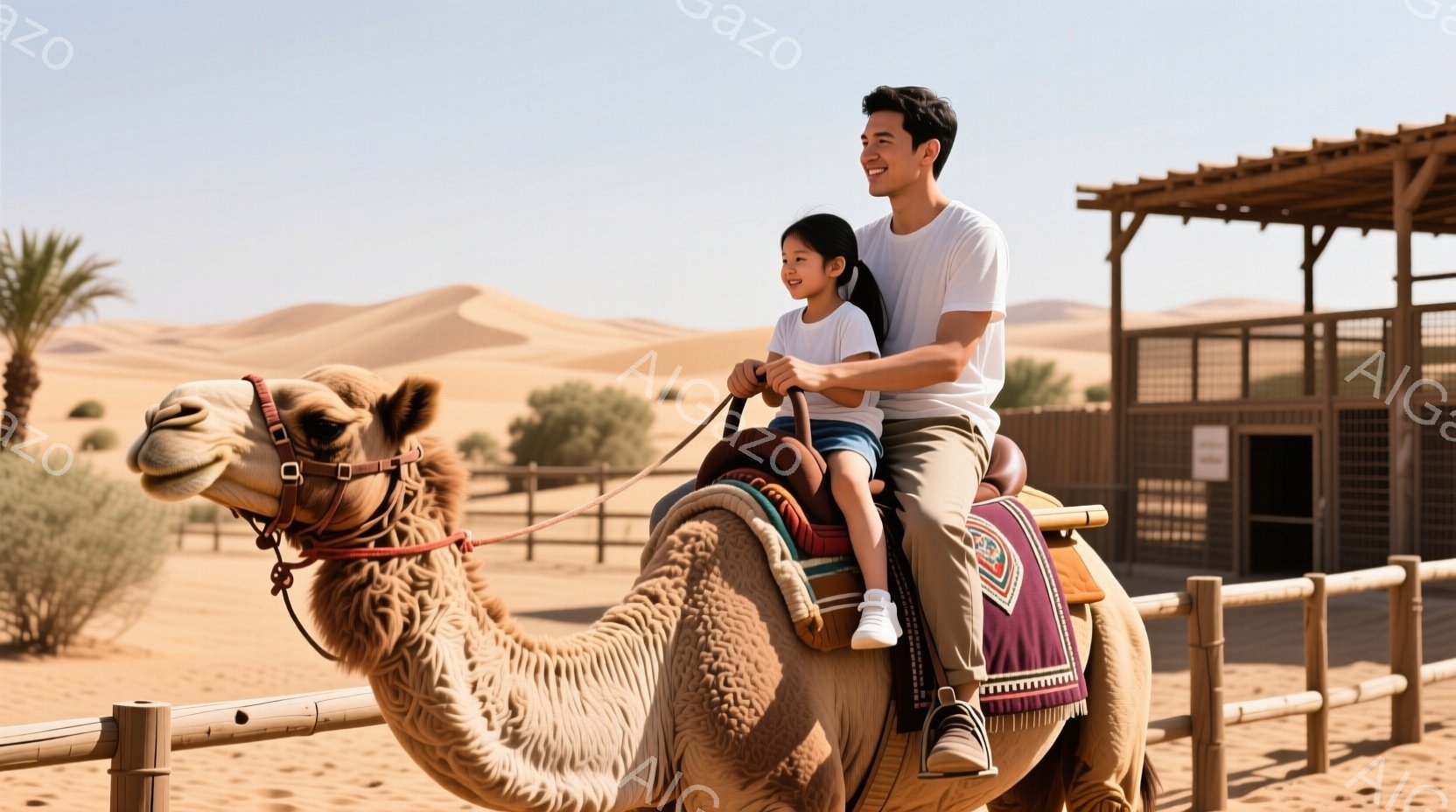砂漠の風景の中で、父親と娘がラクダに乗っています。父親は白いTシャツ、娘はピンクのTシャツとデニムのショートパンツを着ており、ともに笑顔で楽しそうにしています。背景には木製の柵と、遠くには砂丘が見え、晴れた日の穏やかな雰囲気が伝わってきます。