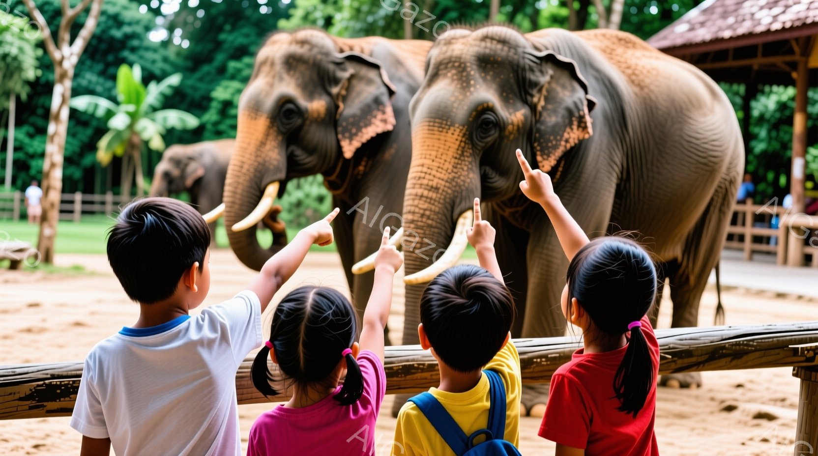 幼い子供たちが柵の前に立って、2頭のゾウを見上げています。子供たちはそれぞれ異なる色のTシャツを着ており、髪は後ろで一つに結ばれています。背景には木々が生い茂り、小さな建物が見え、明るい日差しが照らされています。