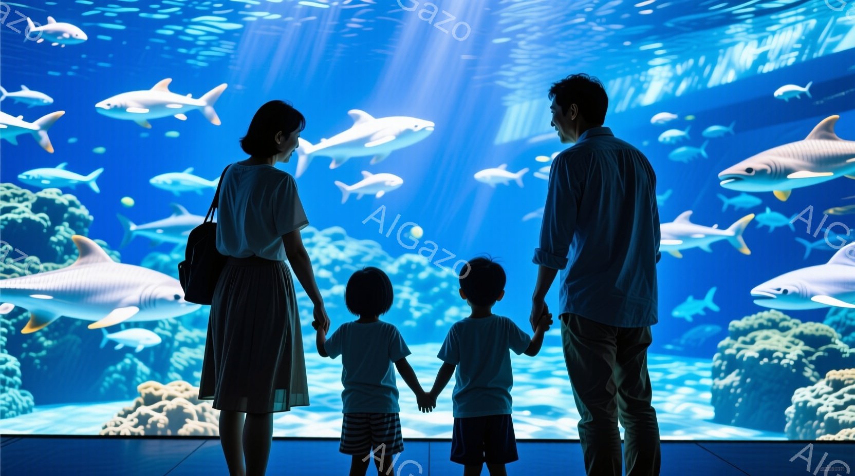 家族四人が水族館の大きな水槽の前で立っている。母親は膝丈のワンピース、父親はシャツとズボン、子供たちは白いTシャツと短パンを着ており、皆後ろ姿である。水槽の中にはサメや他の魚が泳ぎ、背景にはサンゴ礁が - AI生成フリー素材