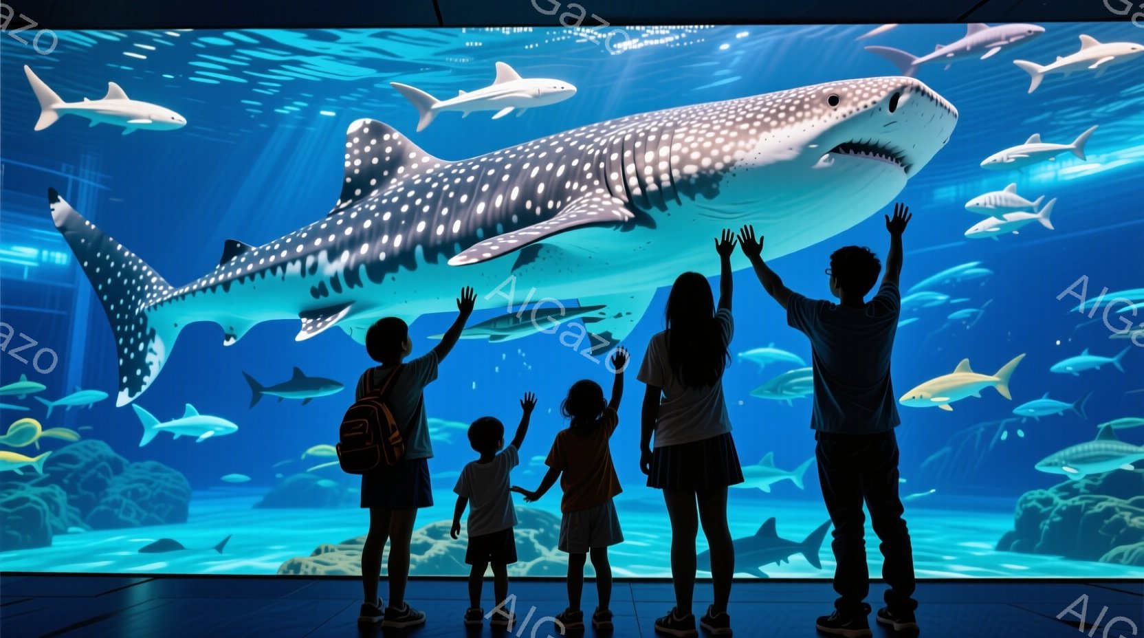 大きな水槽の前で、家族がジンベイザメを見上げています。子供たちは皆、興奮した様子で両手を高く上げ、白い水槽の中を泳ぐサメたちに注目しています。水槽の中は青く、さまざまな種類のサメや魚が泳ぎ、全体的に神 - AI生成フリー素材