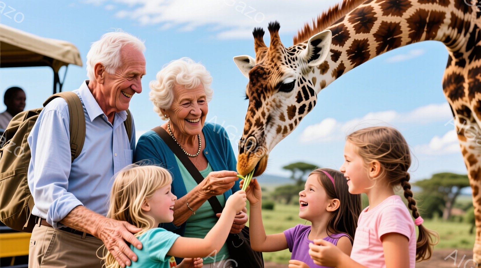 年配の夫婦と３人の幼い女の子がキリンに餌を与えています。おじいさんはカーキ色のジャケットとリュックサックを身につけ、おばあさんは薄い青色のトップスを着ています。女の子たちはそれぞれ明るい色の服を着ており、楽しそうに笑いながらキリンに緑色の葉っぱを差し出しています。