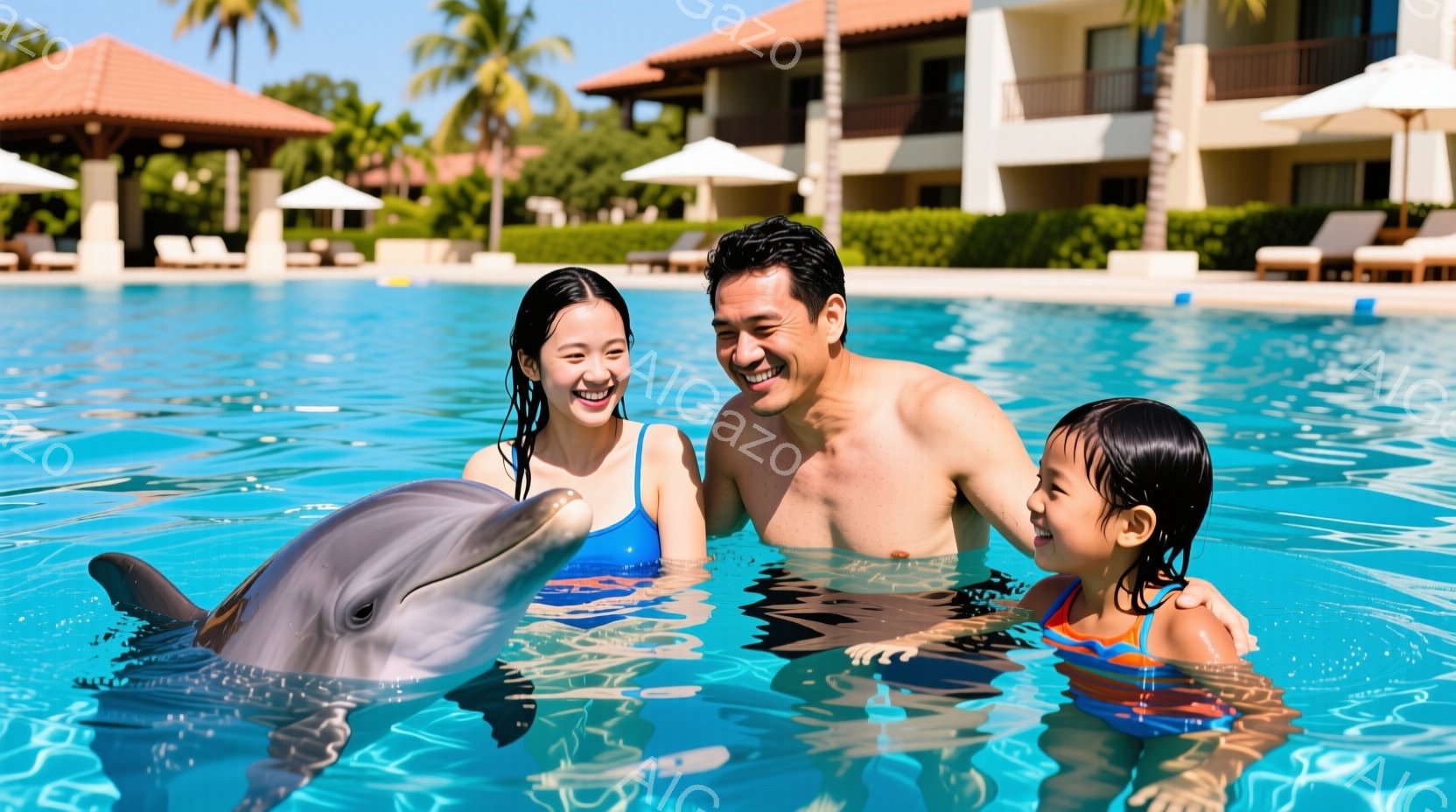 鮮やかな青い水の中で、若い女性と幼い女の子、そして男性がイルカと触れ合っている。女性は青い水着、女の子は赤い水着、男性は上半身裸で、皆笑顔でイルカを見つめている。背景には、パステルカラーの建物とヤシの - AI生成フリー素材
