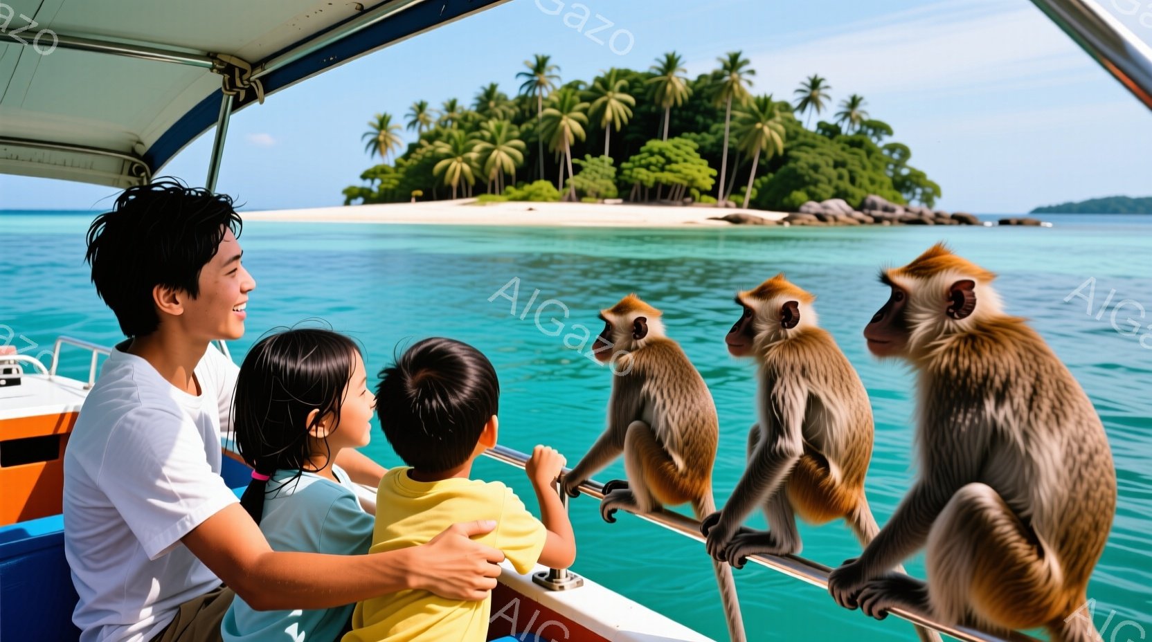 ボートに乗った男性と二人の子供が、柵にもたれて海を眺めている。男性は白いTシャツを着ており、子供たちはそれぞれ黄色と青のシャツを着ている。背景には青い海と白い砂浜、そして緑豊かな熱帯の島が見え、晴れた - AI生成フリー素材