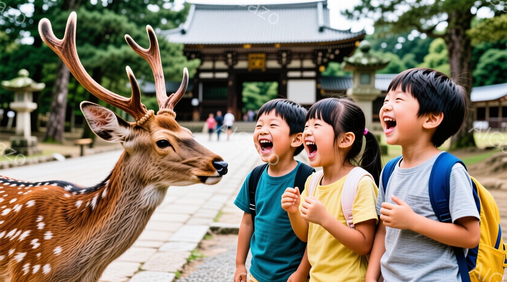 三人の子供たちは、奈良公園でおそらく鹿と対面し、興奮して口を開けて笑っています。それぞれ青色、黄色、灰色のTシャツを着て、リュックサックを背負い、黒髪をしています。背景には、伝統的な寺院建築と緑豊かな - AI生成フリー素材