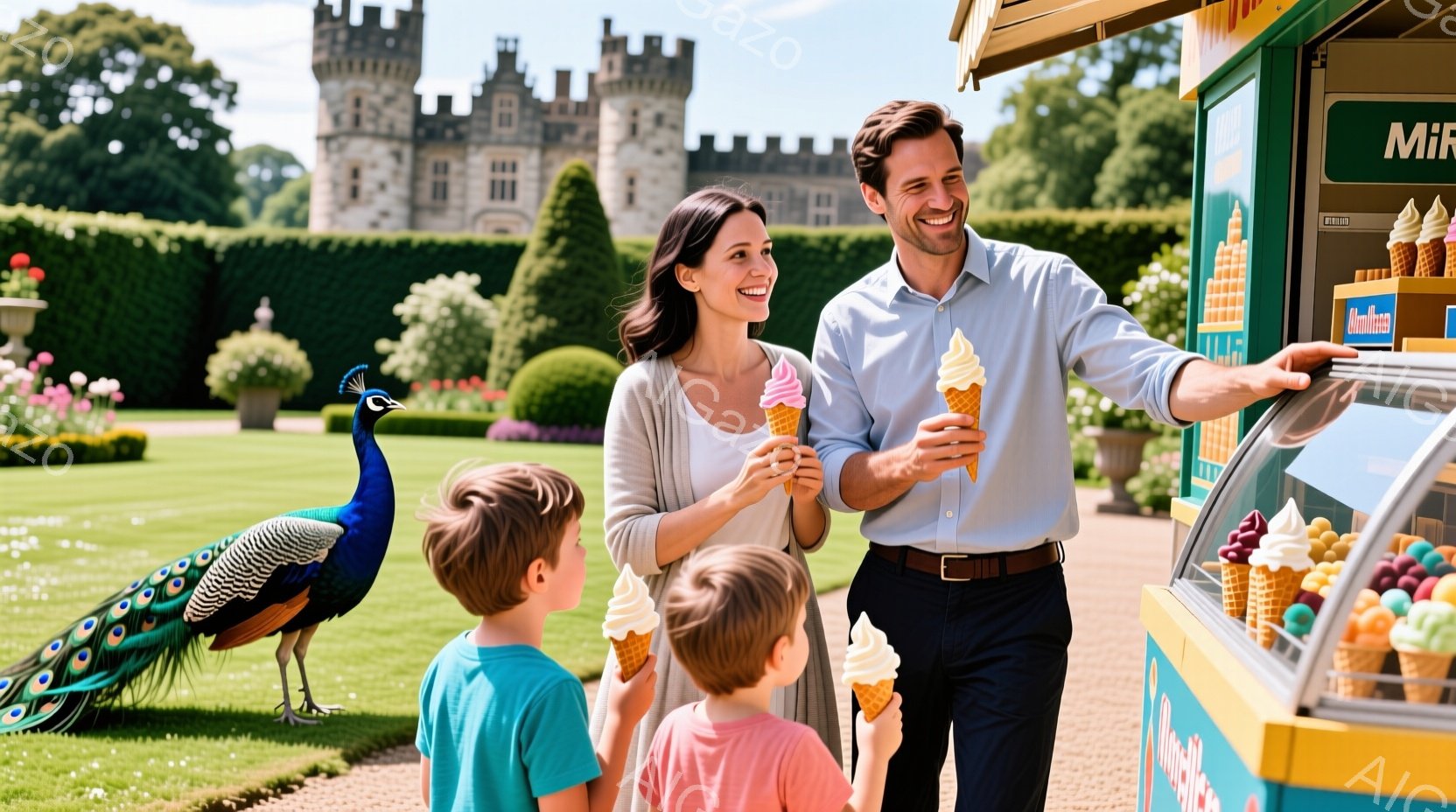 広大な庭園の一角で、家族がソフトクリームを楽しんでいる様子が描かれています。母親はグレーのトップス、父親は水色のシャツ、そして二人の子供たちはそれぞれ明るい色のTシャツを着ています。背景には美しい城と緑豊かな芝生、そして誇らしげに羽を広げた孔雀がおり、晴天の下、幸せな家族の穏やかな時間が感じられます。
