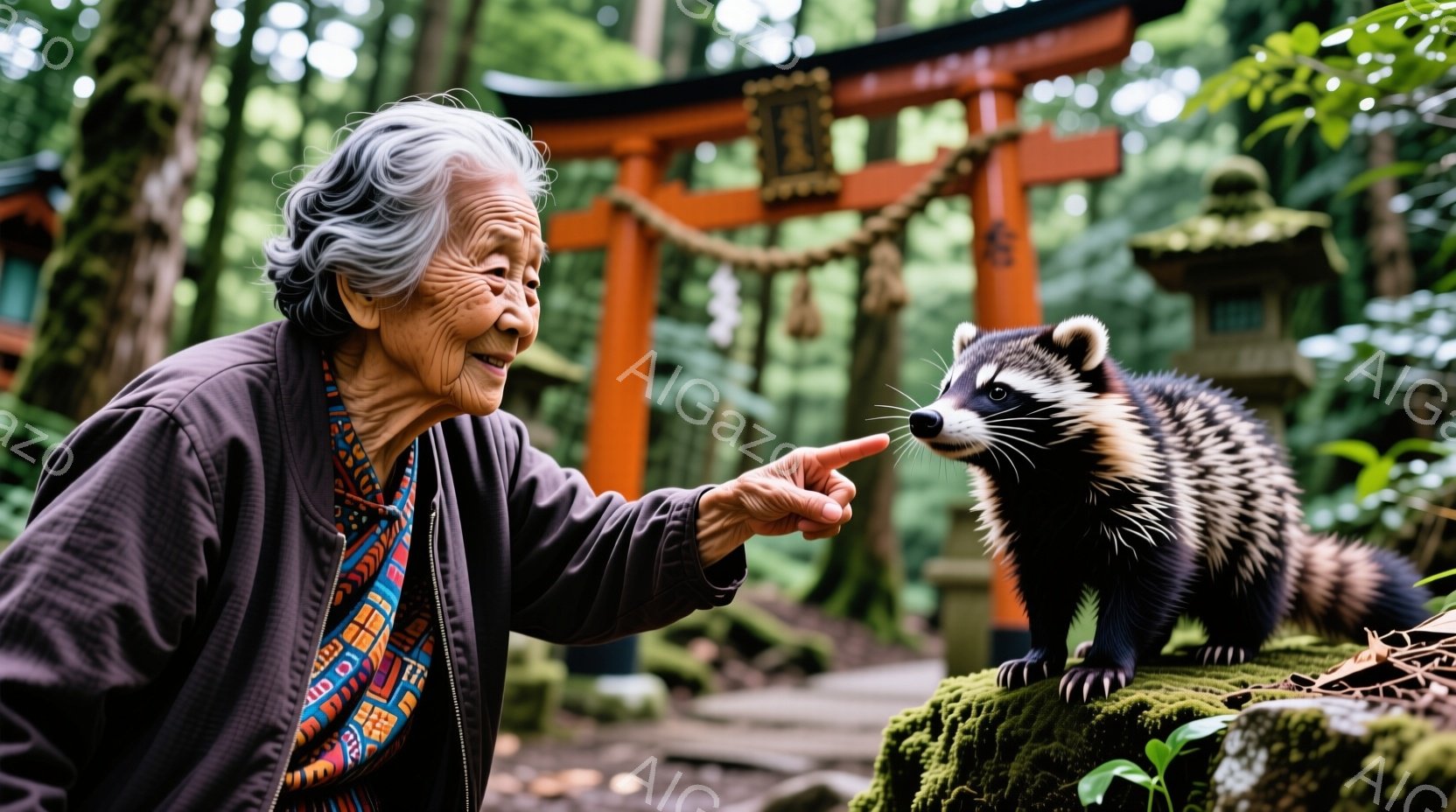 白髪の老婦人が、鮮やかな朱色の鳥居を背景に、タンキを指差しています。彼女は濃い紫色のジャケットに、柄入りのスカーフを巻け、優しい笑顔を浮かべています。背景には緑豊かな自然が広がり、苔むした石や木々、そして薄暗い日差しが、静かで穏やかな雰囲気を醸し出しています。