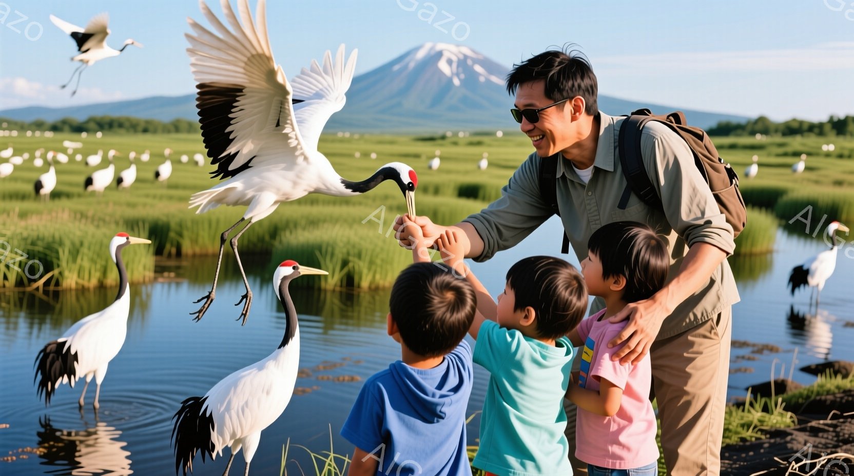 家族が広大な湿地で、舞い上がる鶴を見上げています。父親は茶色のジャケットを着用し、息子と娘を抱きかかえ、鶴が餌を食べるのを手伝っています。背景には富士山がそびえ立ち、澄んだ青空と緑豊かな自然が広がり、穏やかで温かい雰囲気が漂っています。