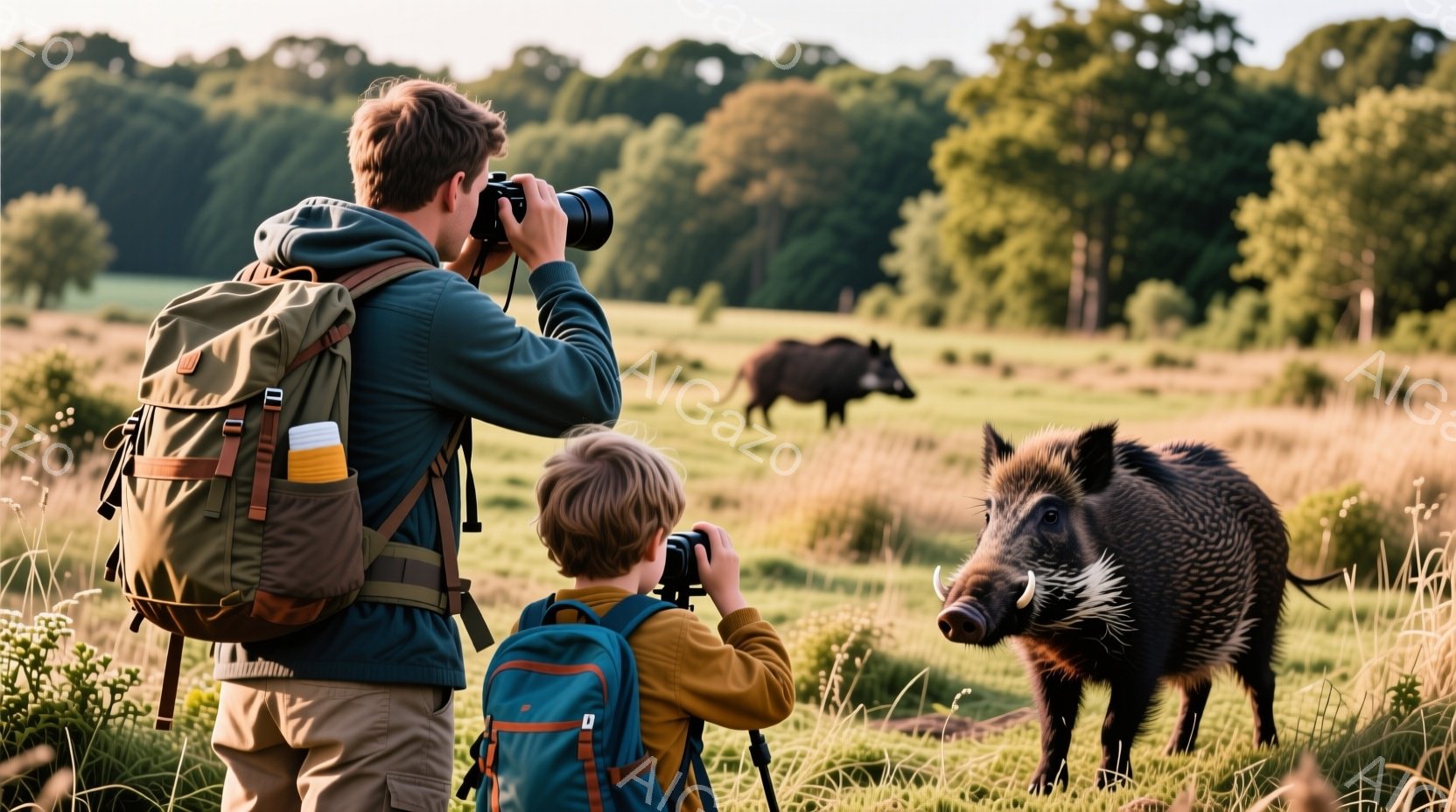 少年と大人が草原で野生のイノシシを撮影している様子が写っています。大人はベージュのズボンに紺色のパーカーを着て、大きなリュックを背負い、カメラを構えています。少年も同様にリュックを背負い、カメラでイノシシを捉えようとしており、背景には緑豊かな草原と遠くの木々が広がっています。