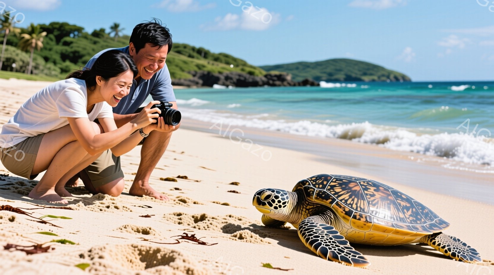 砂浜に二人の人物がひざまずいて、海亀をカメラで撮影しています。女性は白いTシャツと短パン、男性は黒いTシャツと短パンというカジュアルな服装で、二人とも笑顔で海亀に注目しています。背景にはエメラルドグリ - AI生成フリー素材