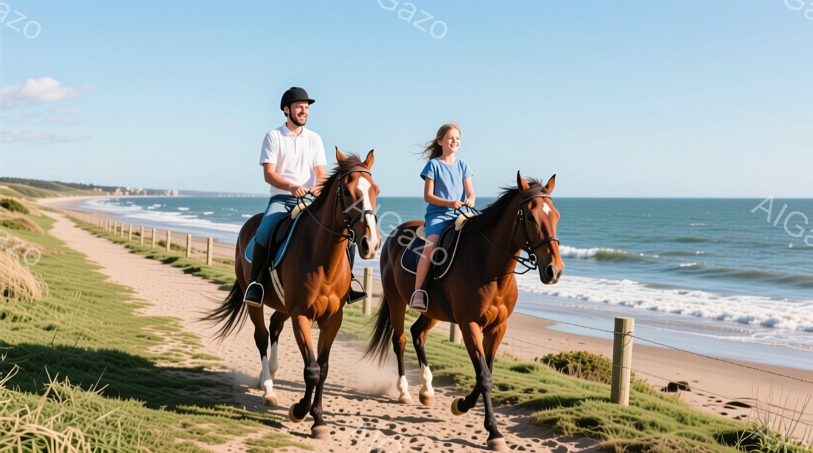 二人の人物が浜辺を馬に乗って走っている。男性は白いシャツに帽子をかぶり、女性は青いシャツを着ており、共にリラックスした表情をしている。背景には青い海と砂浜、そして緑豊かな草地が広がり、晴天の下、穏やかで爽やかな雰囲気が漂っている。